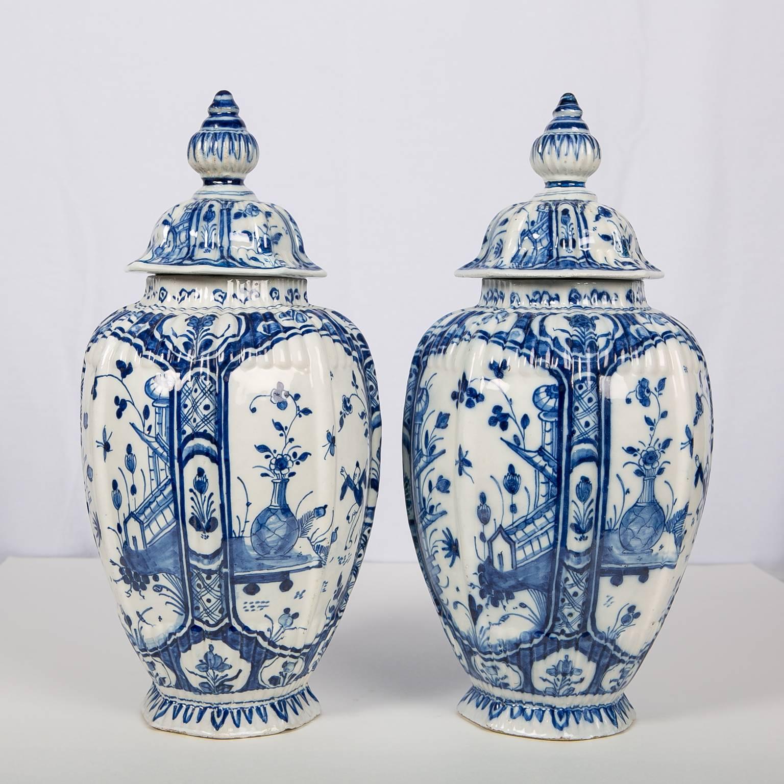 Chinoiserie Pair of Delft Jars Blue and White, 18th Century