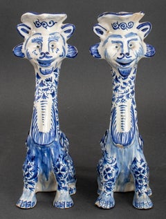 Pair of Delft Manner Lion Form Candlesticks