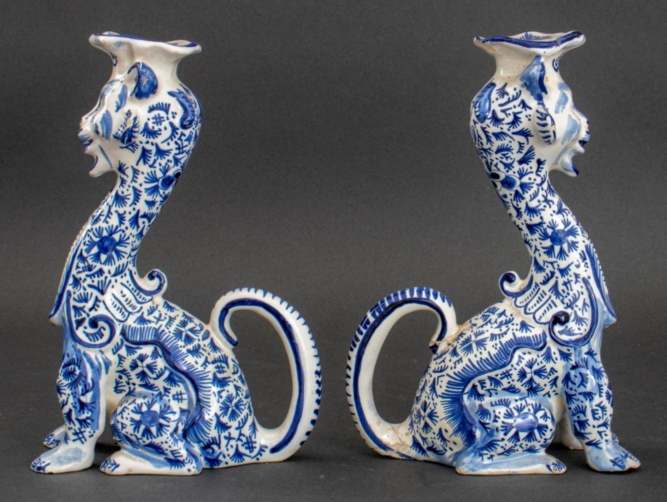 Pair of Delft Manner Lion Form Candlesticks In Good Condition For Sale In New York, NY