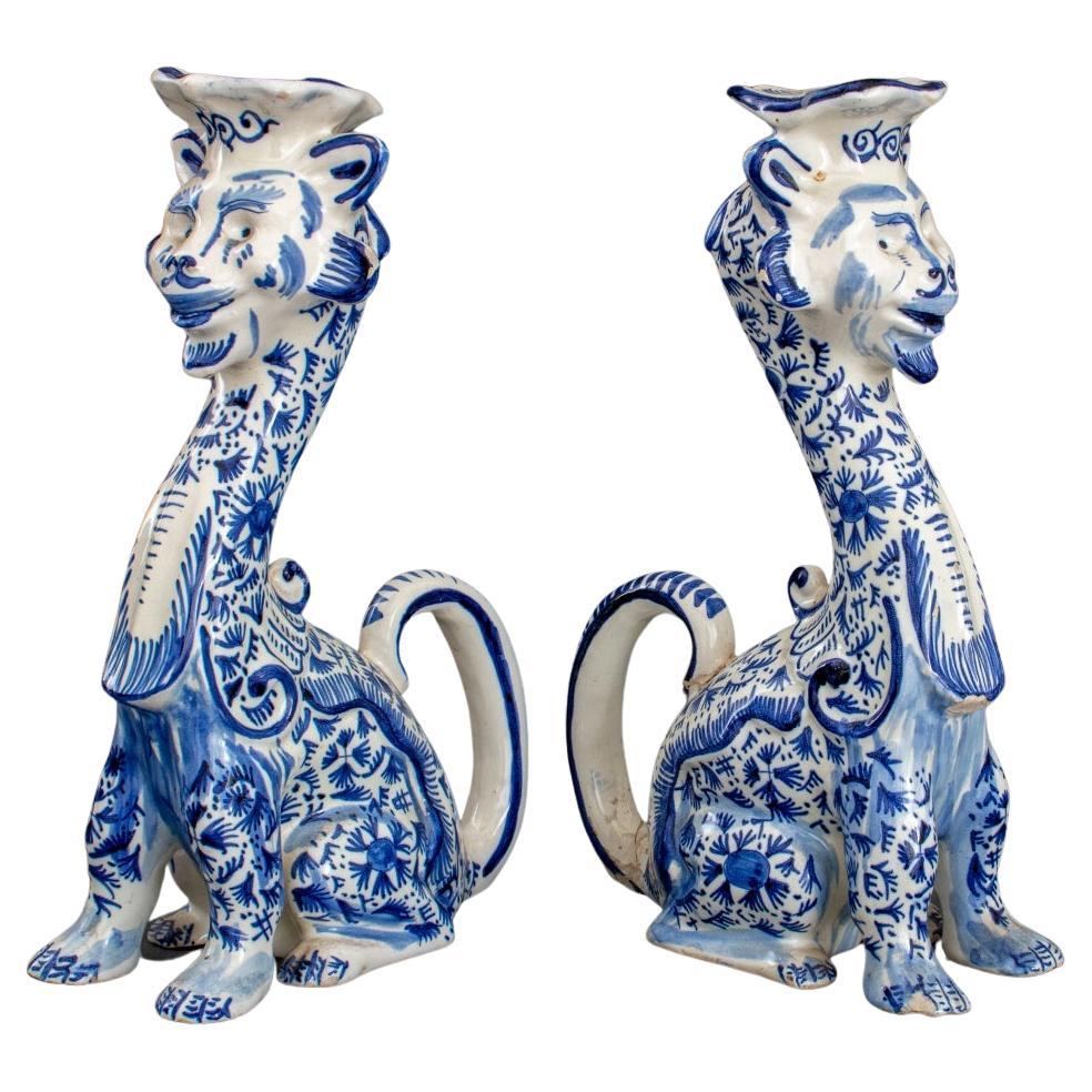 Pair of Delft Manner Lion Form Candlesticks For Sale