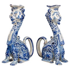 Antique Pair of Delft Manner Lion Form Candlesticks