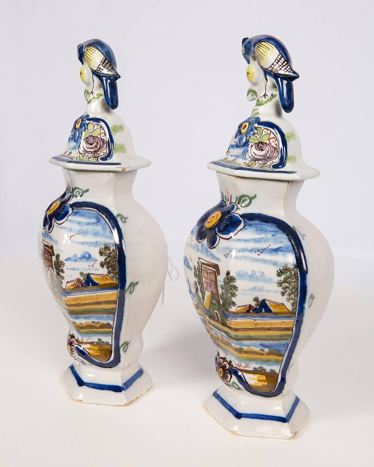 Pair Delft Mantle Vases Painted Polychrome Colors Made by