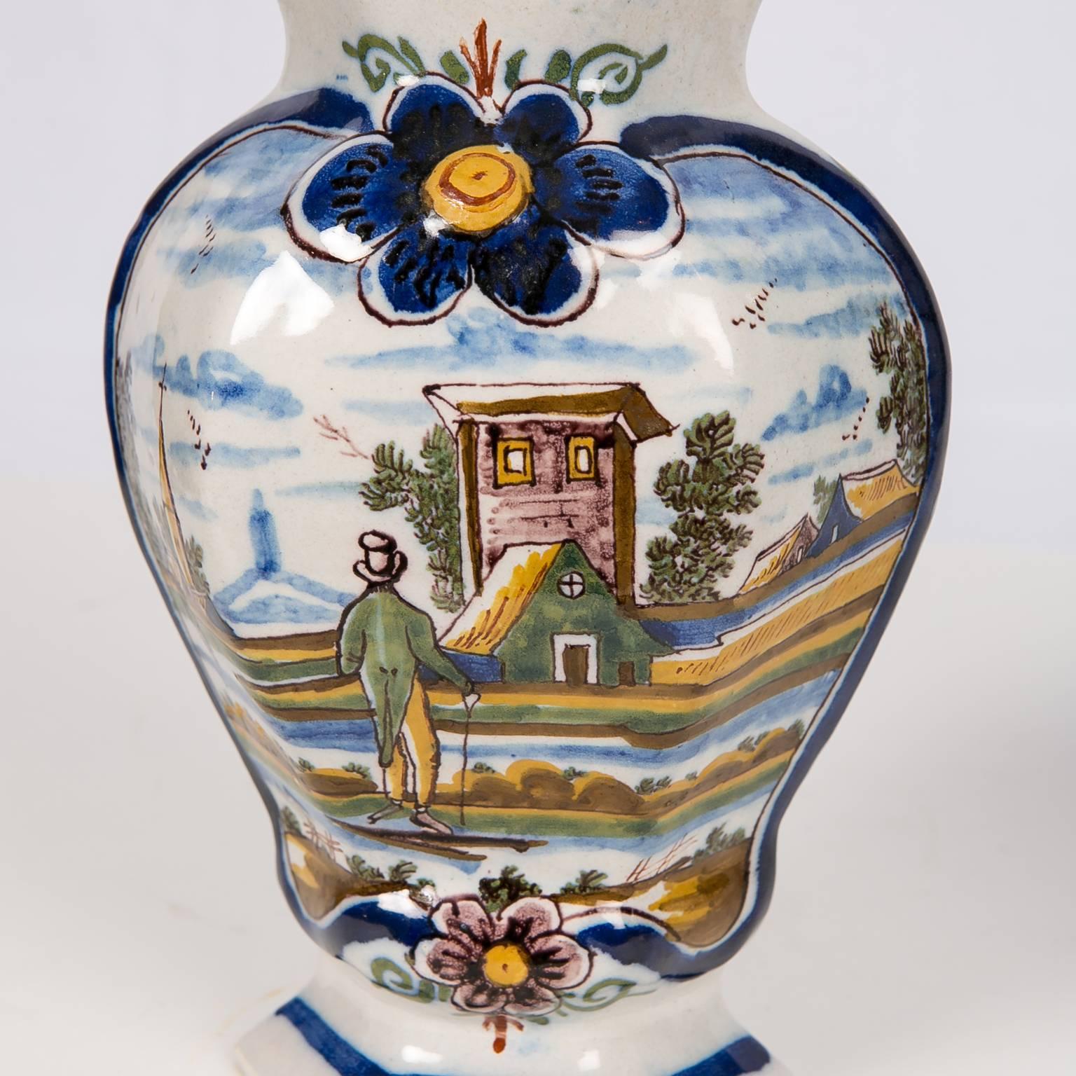 Rococo Pair Delft Mantle Vases Painted Polychrome Colors Made by