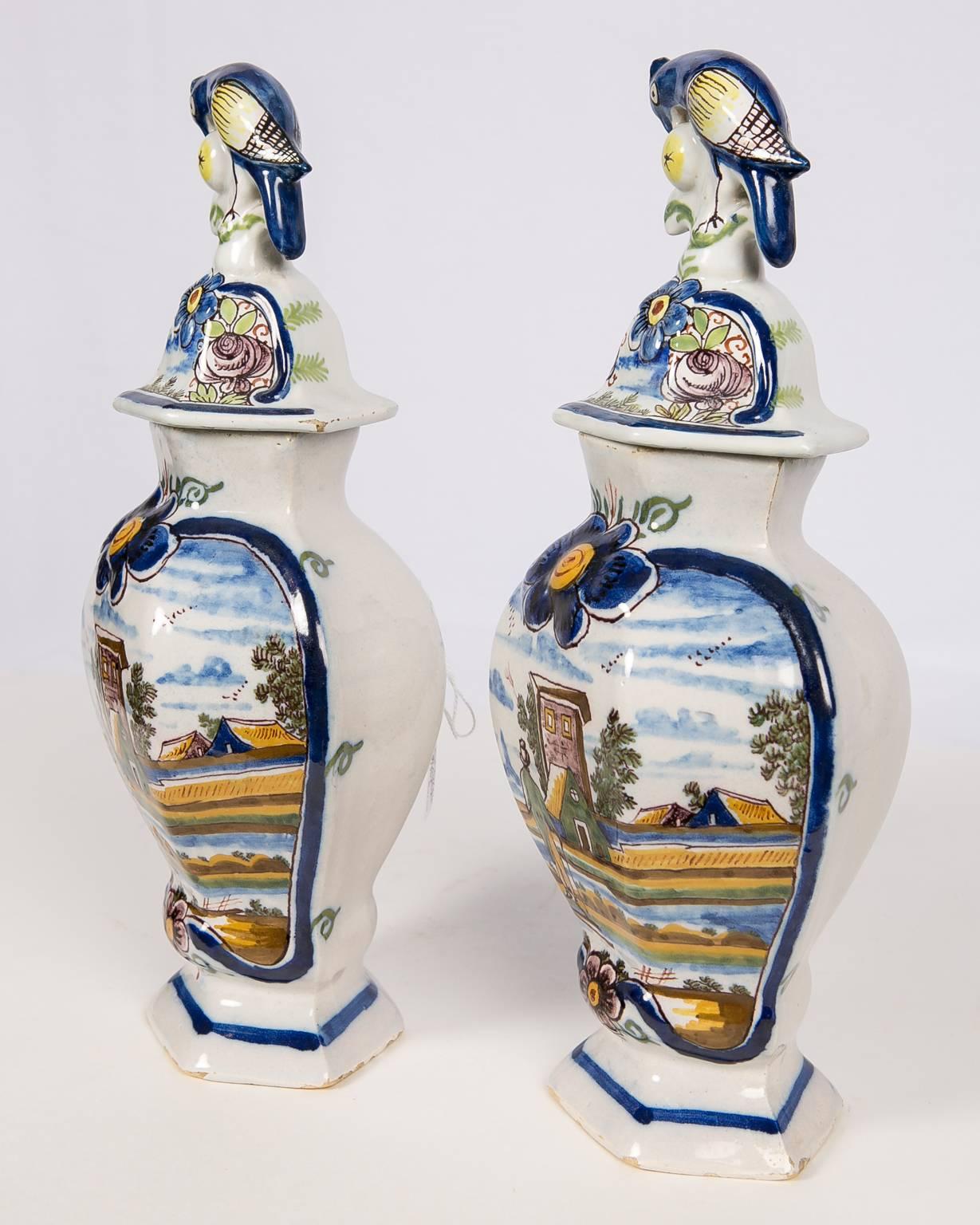 18th Century Pair Delft Mantle Vases Painted Polychrome Colors Made by