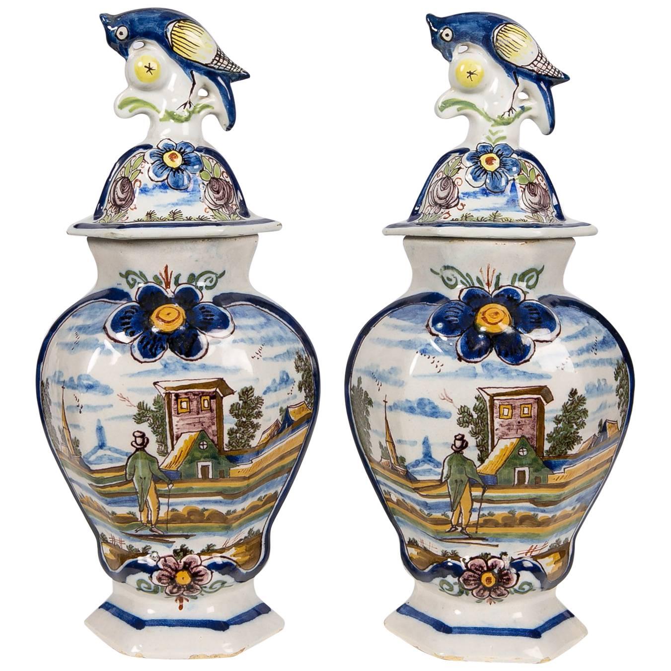Pair Delft Mantle Vases Painted Polychrome Colors Made by"De Blompot" circa 1780