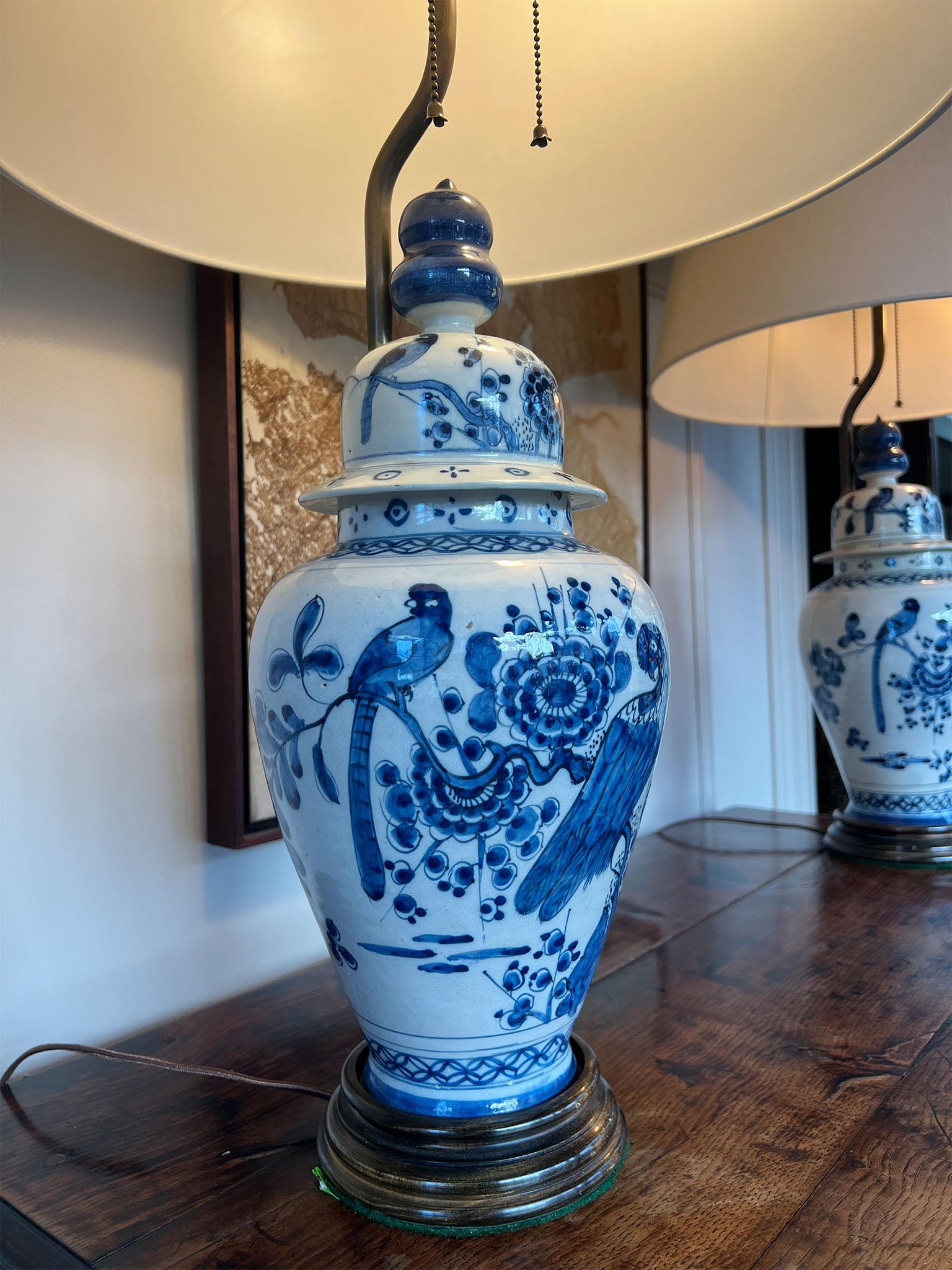 Dutch Colonial Pair of Delft Porcelain Ginger Jar Table Lamps