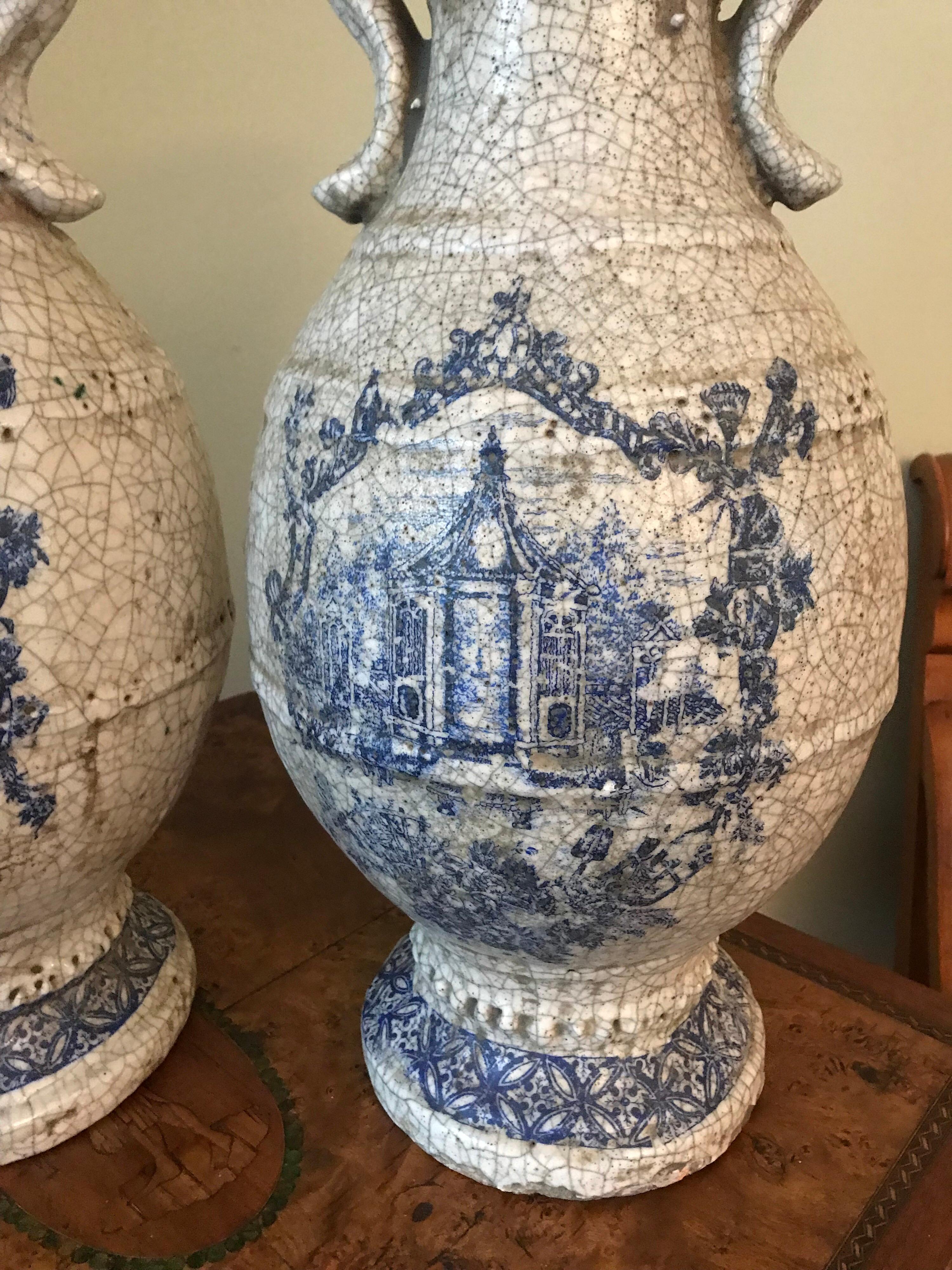 Pair of Delft Style Earthenware Blue Transfer Urns In Good Condition In Stockton, NJ