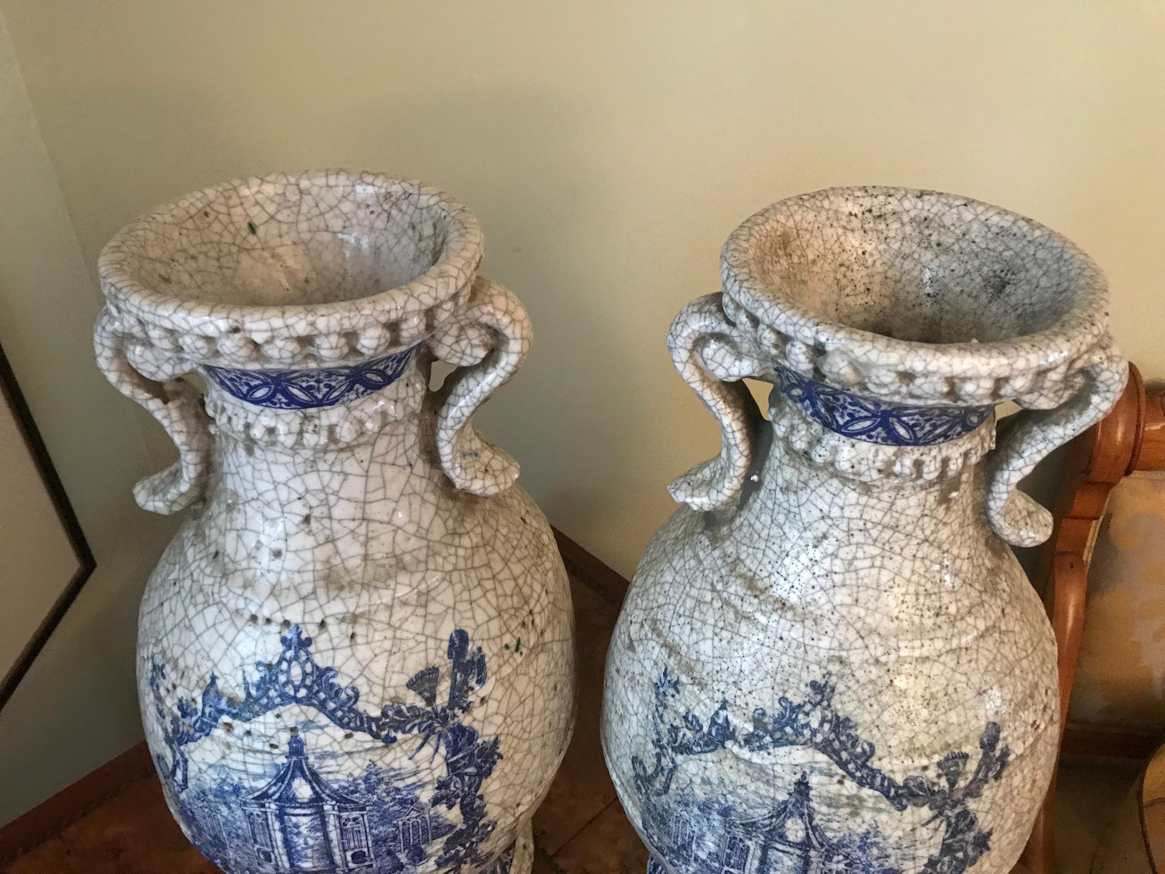 20th Century Pair of Delft Style Earthenware Blue Transfer Urns