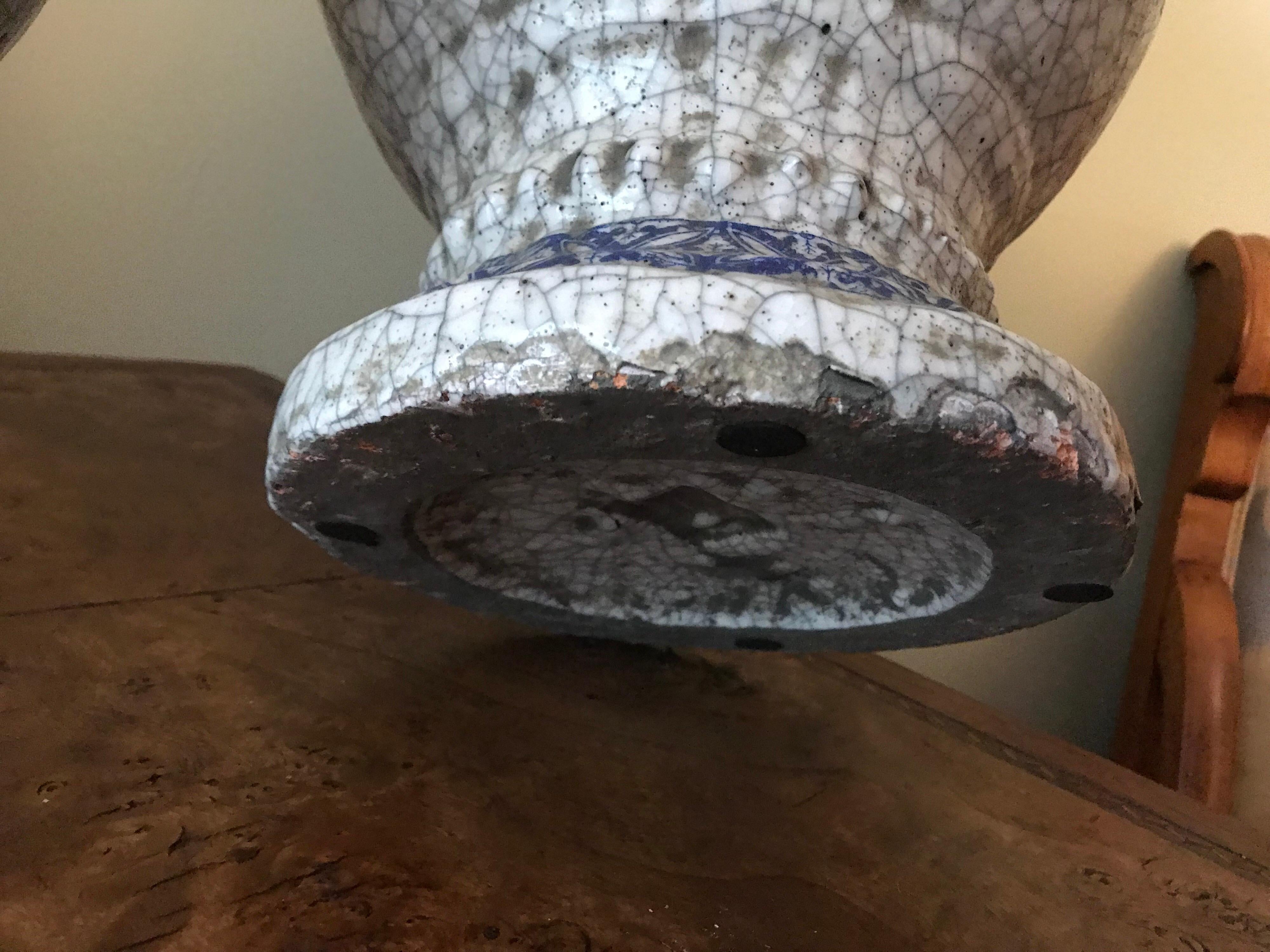 Ceramic Pair of Delft Style Earthenware Blue Transfer Urns