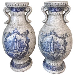Pair of Delft Style Earthenware Blue Transfer Urns