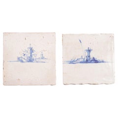 Pair of Delft tiles of fortified towers in cobalt, 1600’s