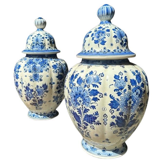 Pair of Delft Zenith Gouda Ginger Jars / Vases, The Netherlands For Sale