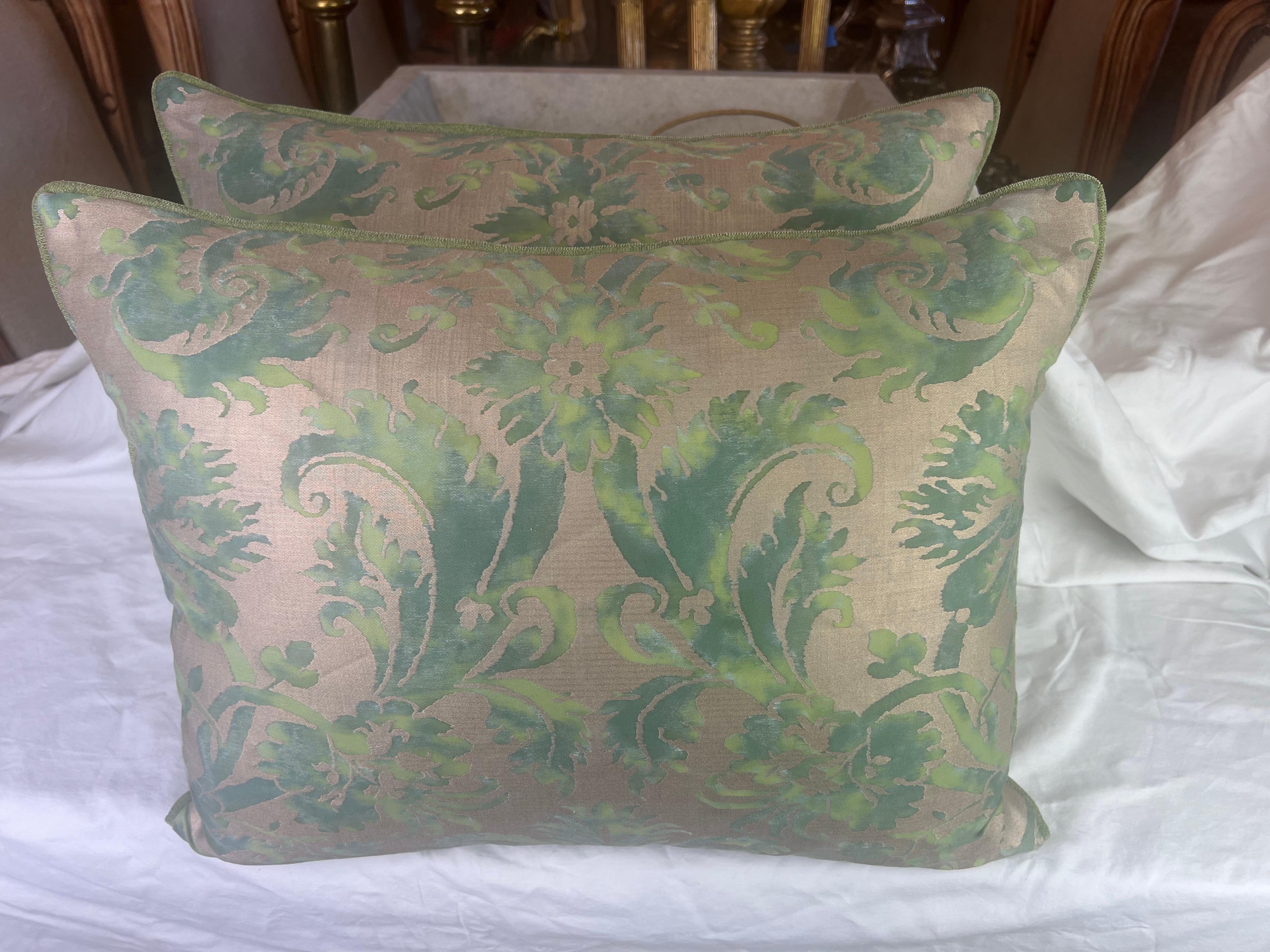 Pair of custom DeMedici Patterned Fortuny Pillows in a vibrant green/blue coloration.  The backs are a soft green chenille textile that coordinates beautifully.  Down inserts, zipper closures.