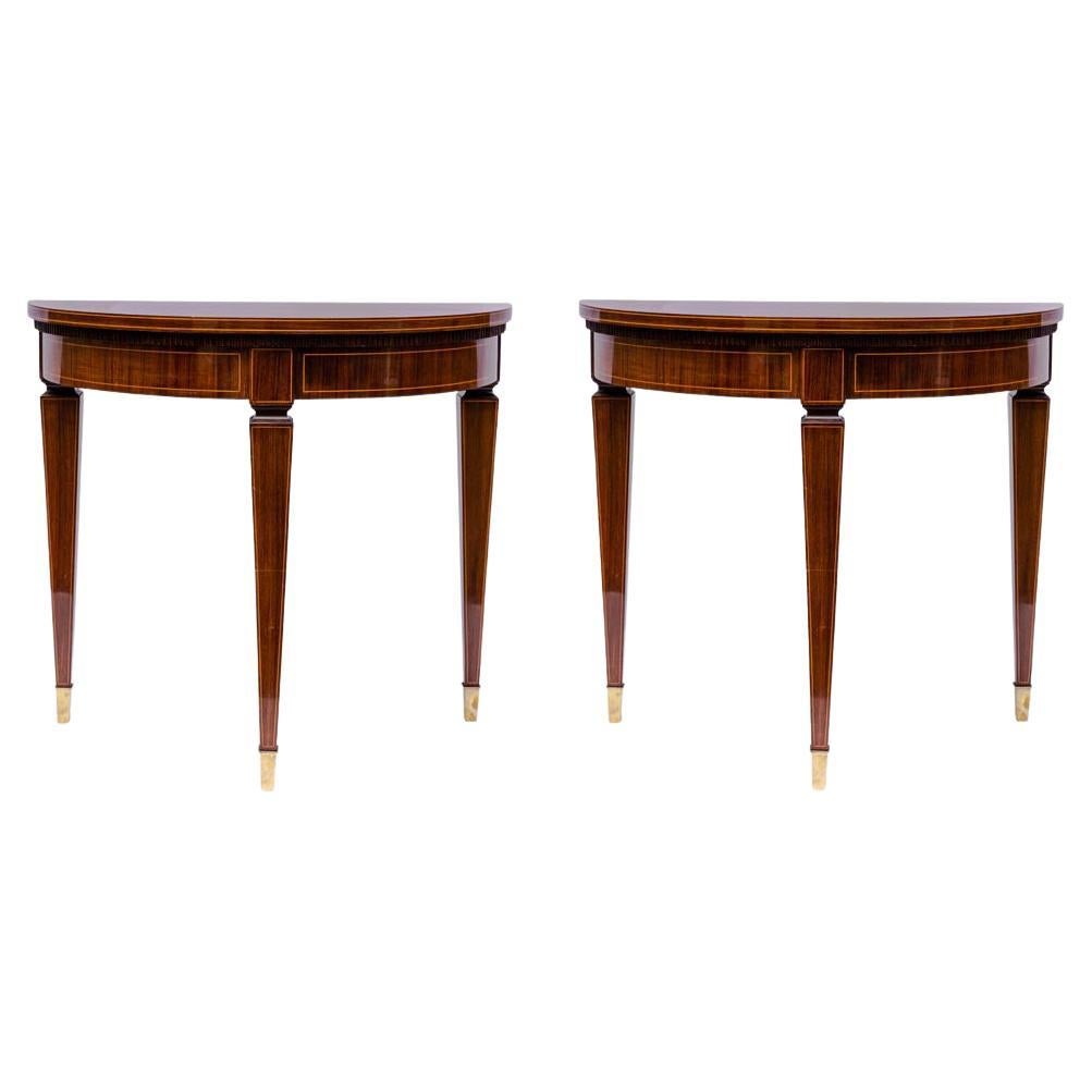 50s pair of Demi Lune Consoles Mahogany Brass glass attributed to by Paolo Buffa