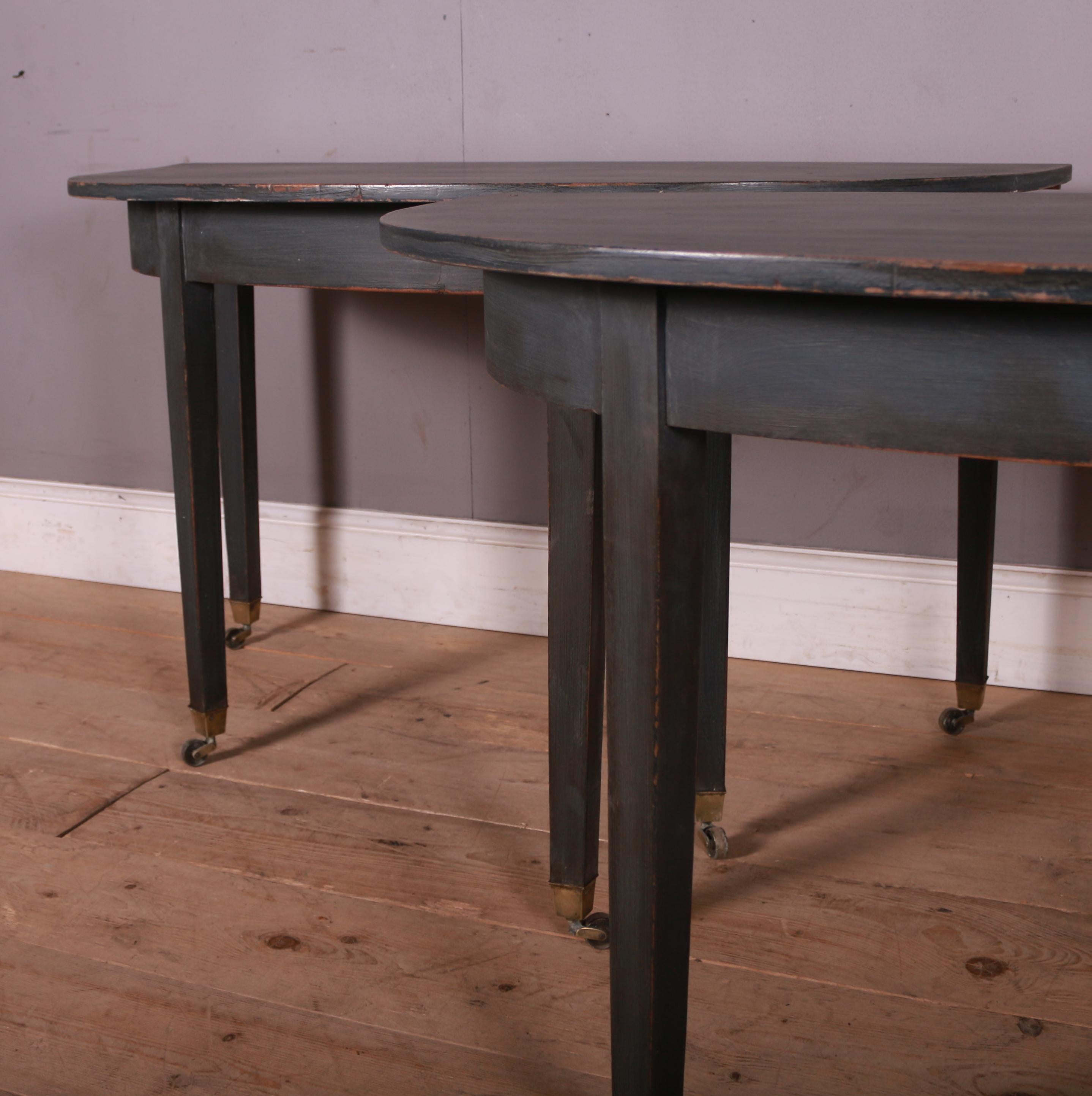 Pair of 19th C English painted oak demi-lune console tables. 1840.

Reference: 7353

Dimensions
50.5 inches (128 cms) Wide
23.5 inches (60 cms) Deep
29 inches (74 cms) High.