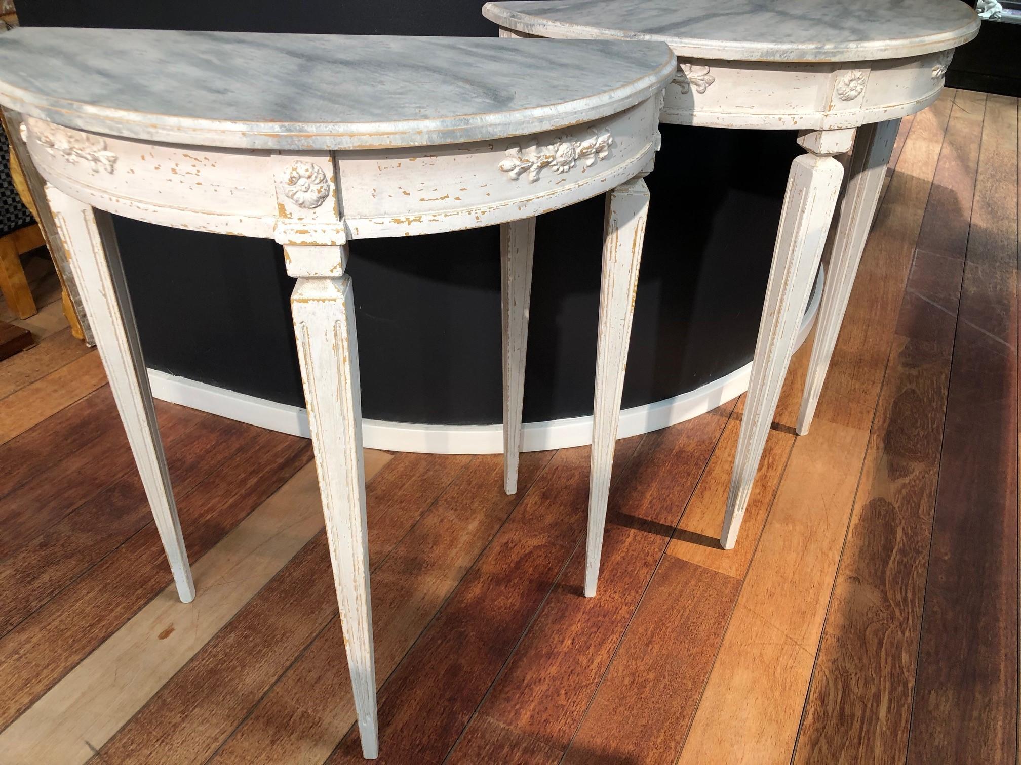 Swedish Pair of Demi Lune Console Tables, Gustavian Style C 1900