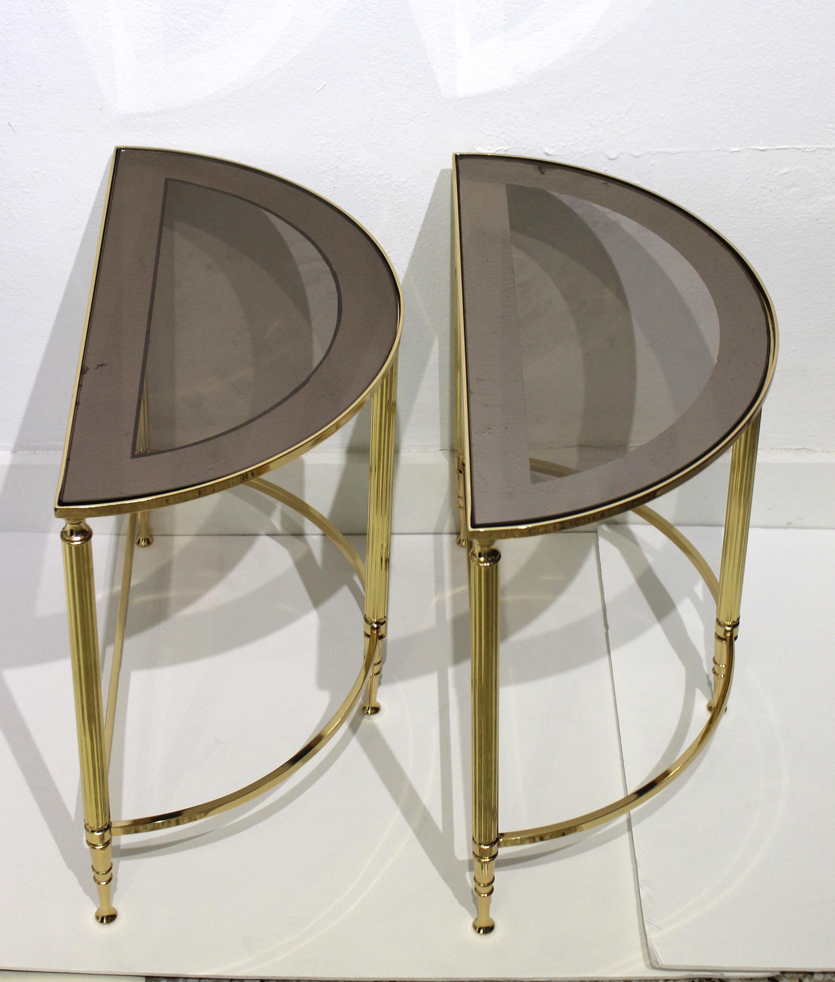 Pair of Demi-Lune Drinks or Side Tables Brass and Smoked Glass 5