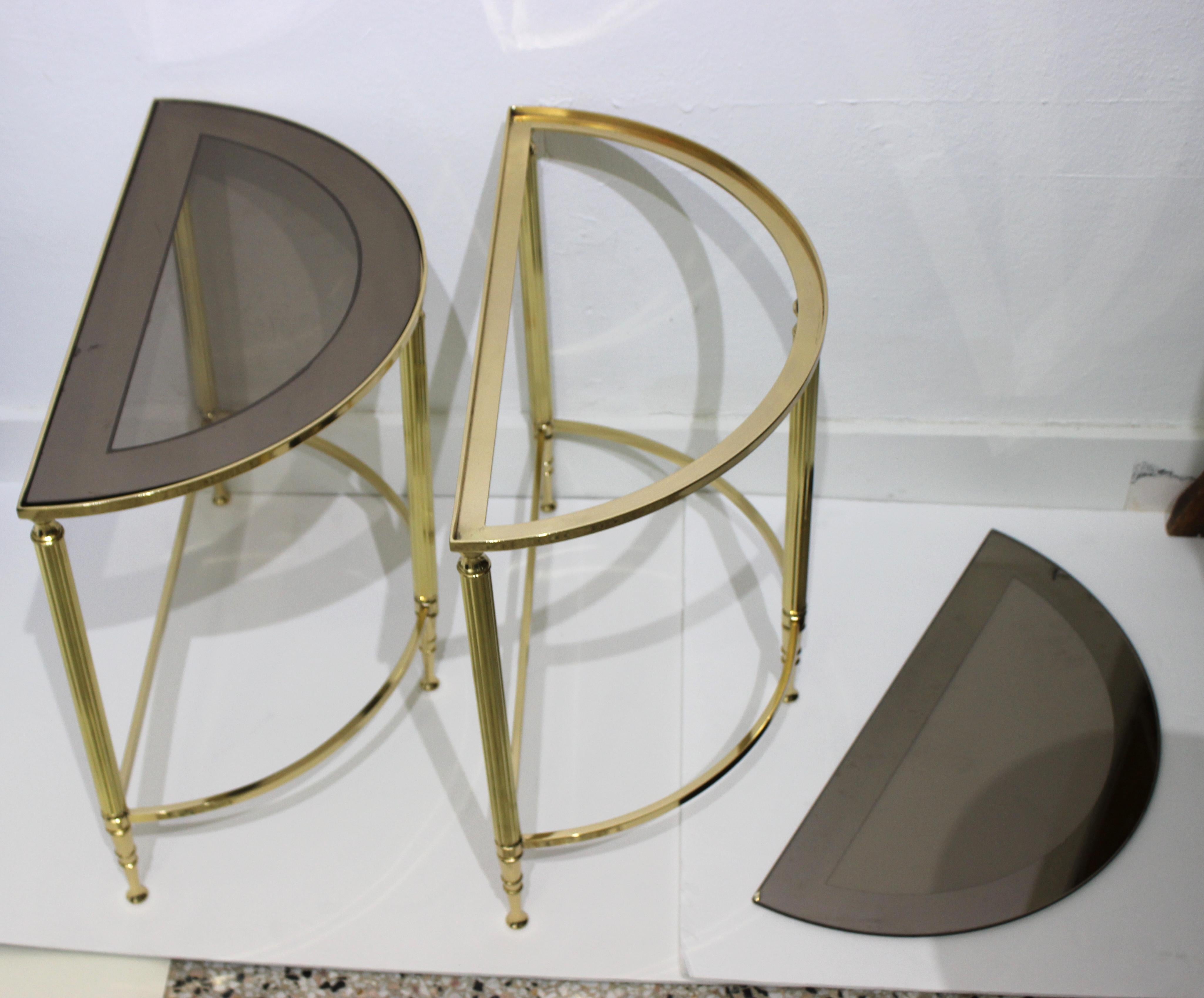 Pair of Demi-Lune Drinks or Side Tables Brass and Smoked Glass 6