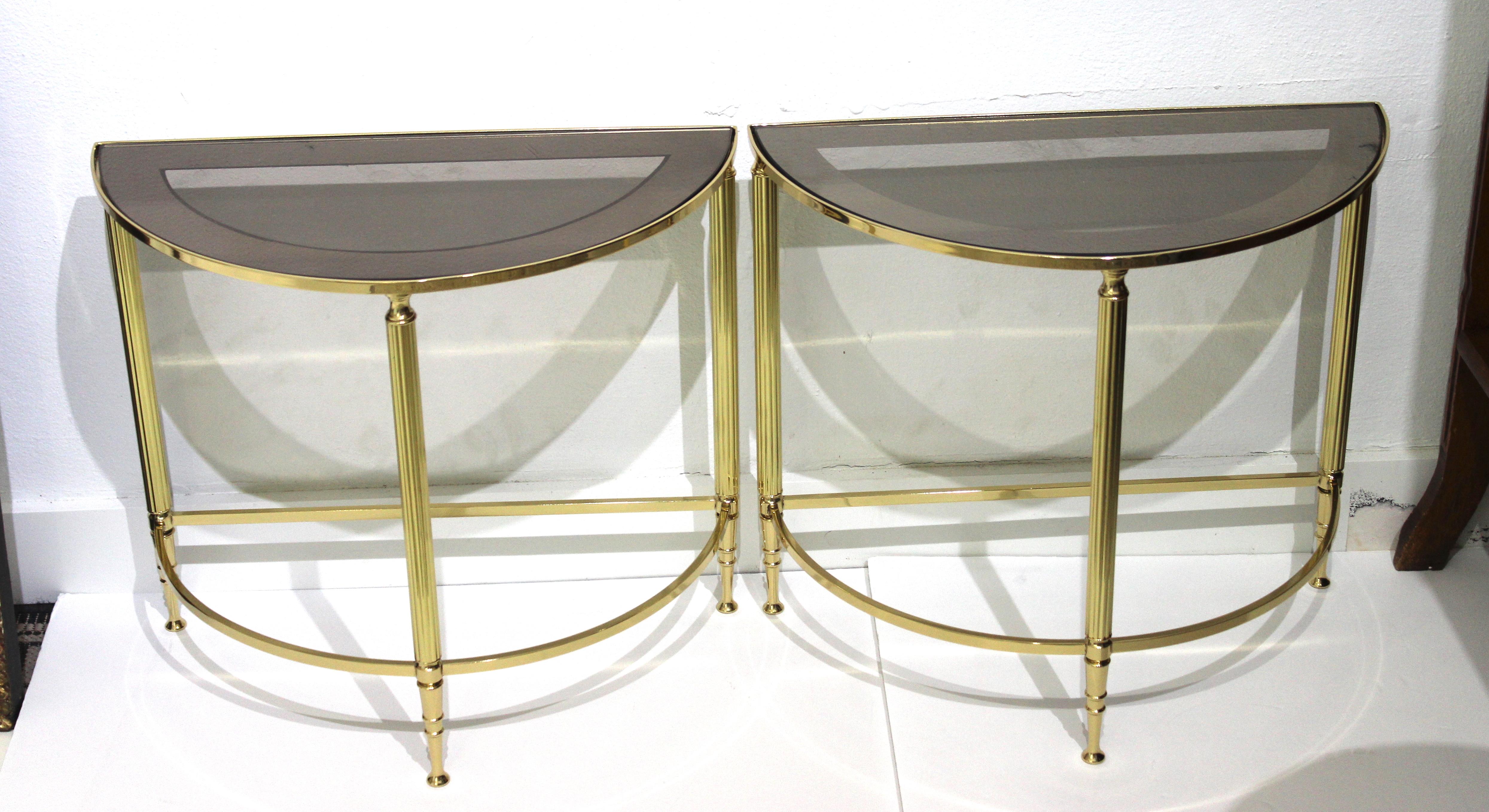 Mid-Century Modern demi-lune demilune drinks or side tables brass and smoked glass - a pair - from a Palm Beach estate.