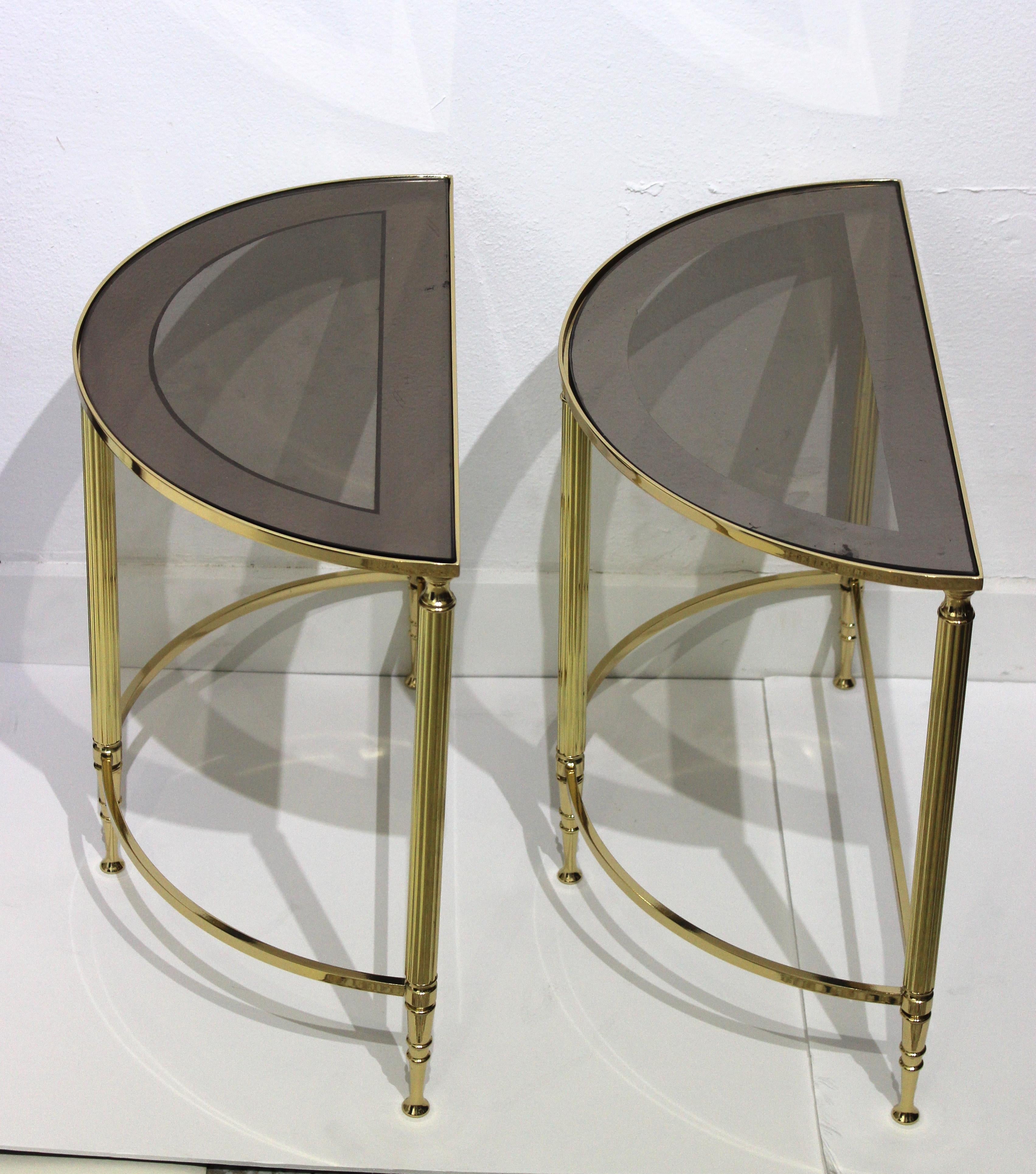 Pair of Demi-Lune Drinks or Side Tables Brass and Smoked Glass In Good Condition In West Palm Beach, FL