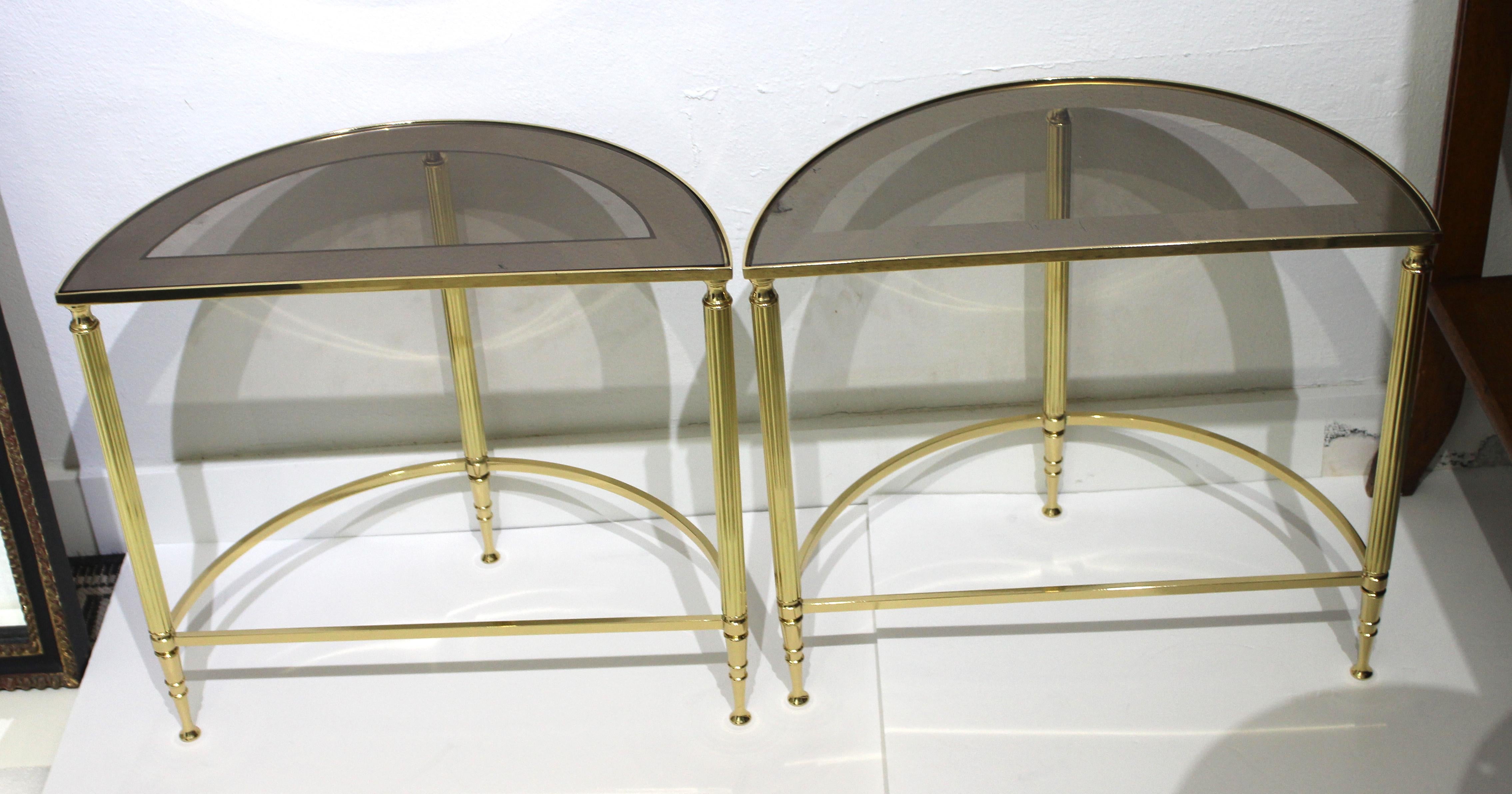 Pair of Demi-Lune Drinks or Side Tables Brass and Smoked Glass 4