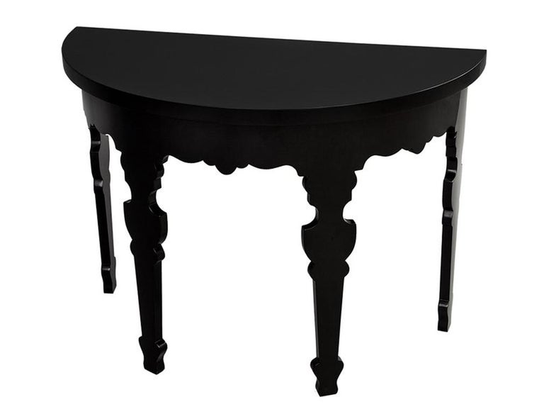 Pair of Demilune Half Moon Console Tables in Piano Black Lacquer For