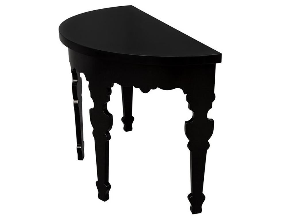Modern Pair of Demilune Half Moon Console Tables in Piano Black Lacquer For Sale
