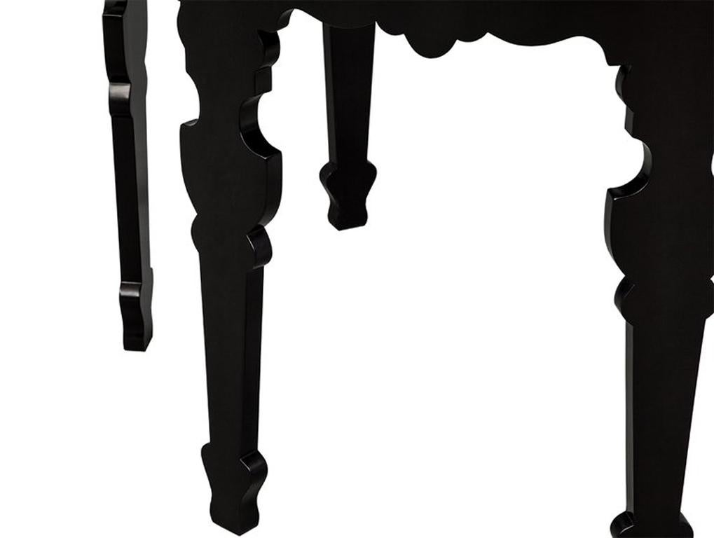 American Pair of Demilune Half Moon Console Tables in Piano Black Lacquer For Sale