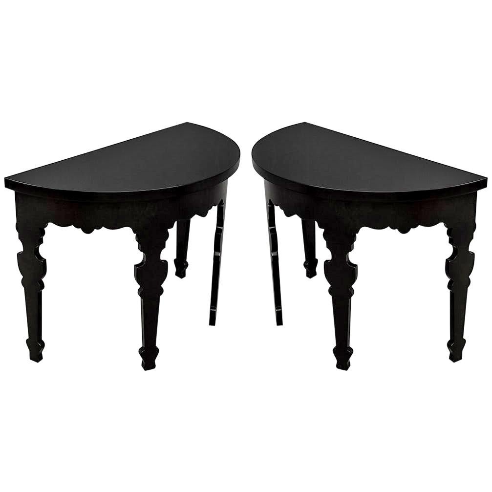 Pair of Demilune Half Moon Console Tables in Piano Black Lacquer