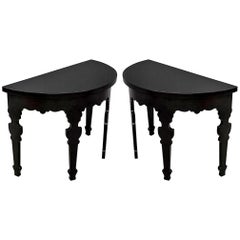 Pair of Demilune Half Moon Console Tables in Piano Black Lacquer
