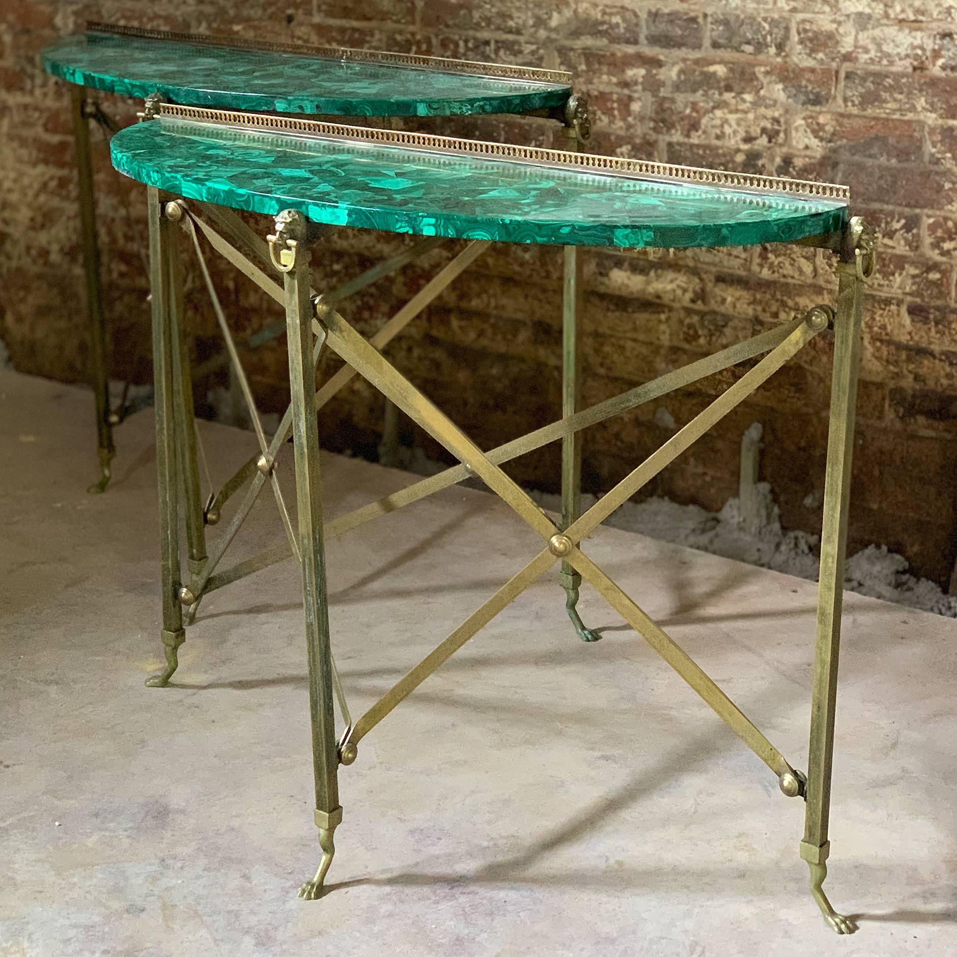 Mid-Century Modern Pair of Demilune Maison Jansen Brass and Malachite Console Tables