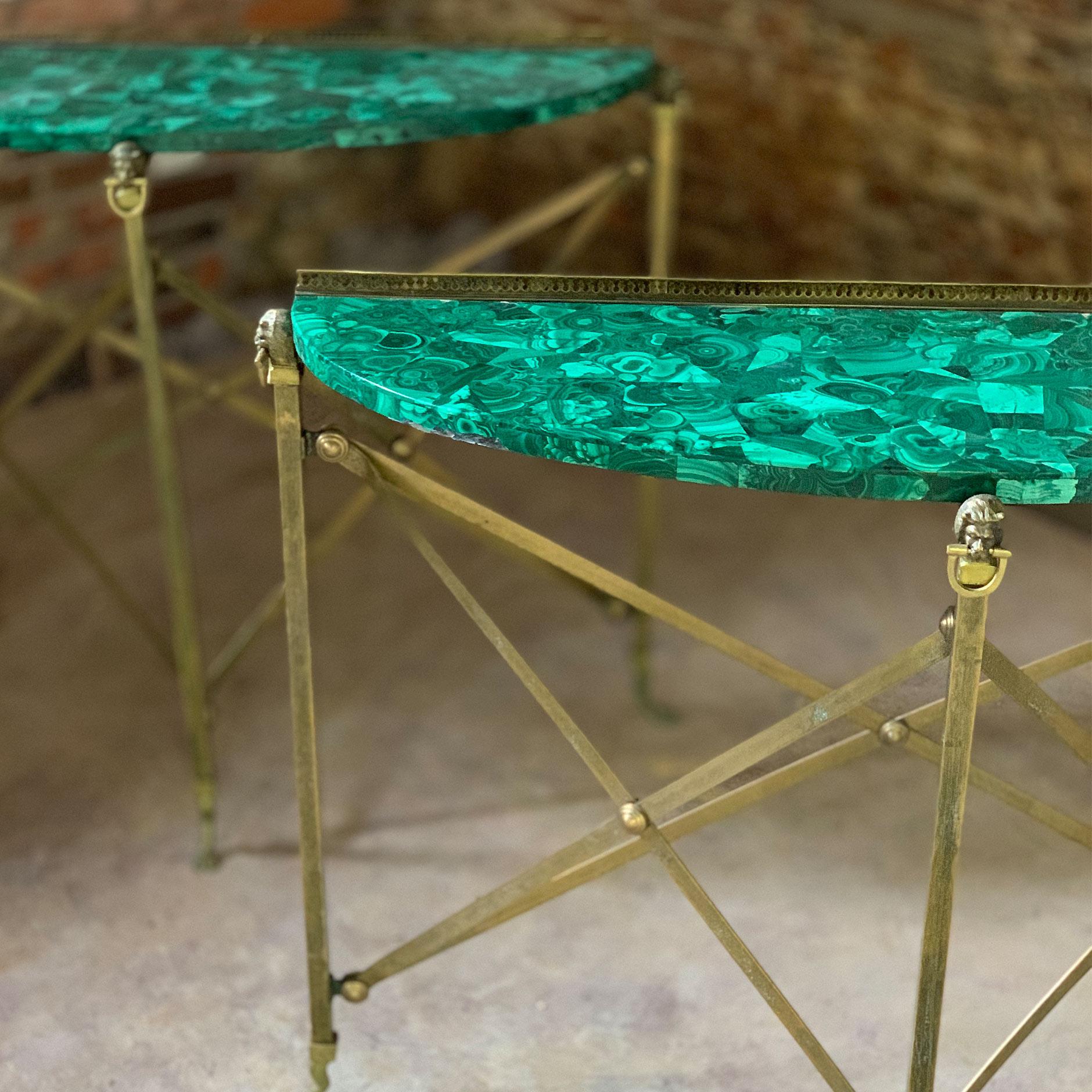 Mid-20th Century Pair of Demilune Maison Jansen Brass and Malachite Console Tables