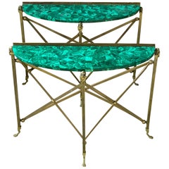 Pair of Demilune Maison Jansen Brass and Malachite Console Tables