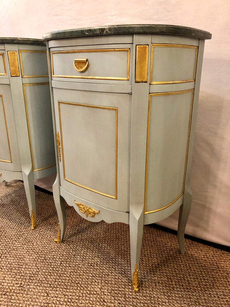 Pair of Demilune Painted Marble Top Louis XV Style Nightstands or End