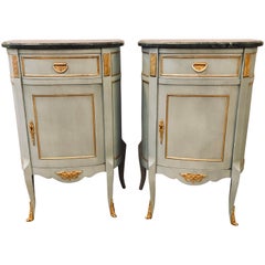 Vintage Pair of Demilune Painted Marble Top Louis XV Style Nightstands or End Tables