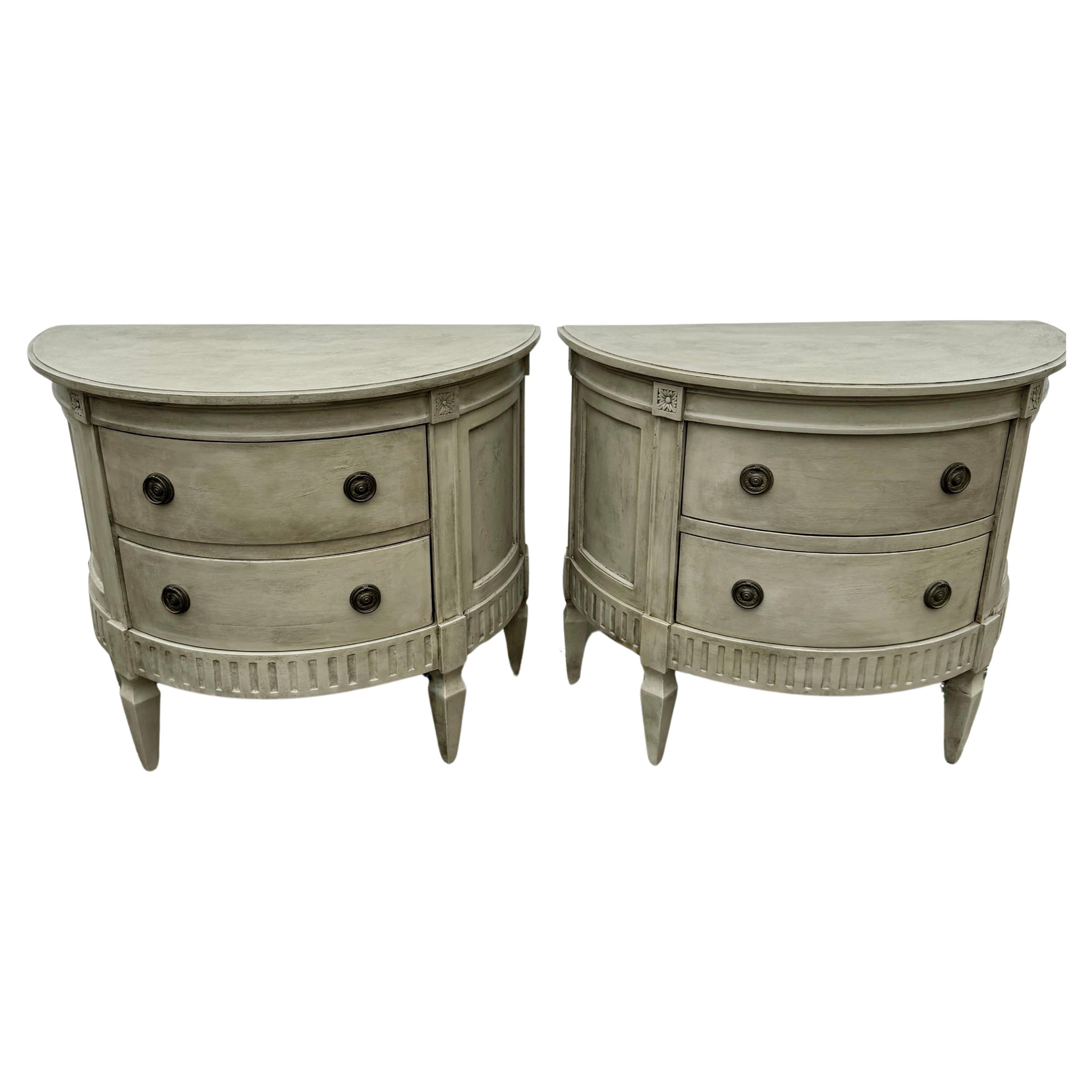 Hand-Carved Pair of Demi-Lune Swedish Gustavian Style Chest of Drawers