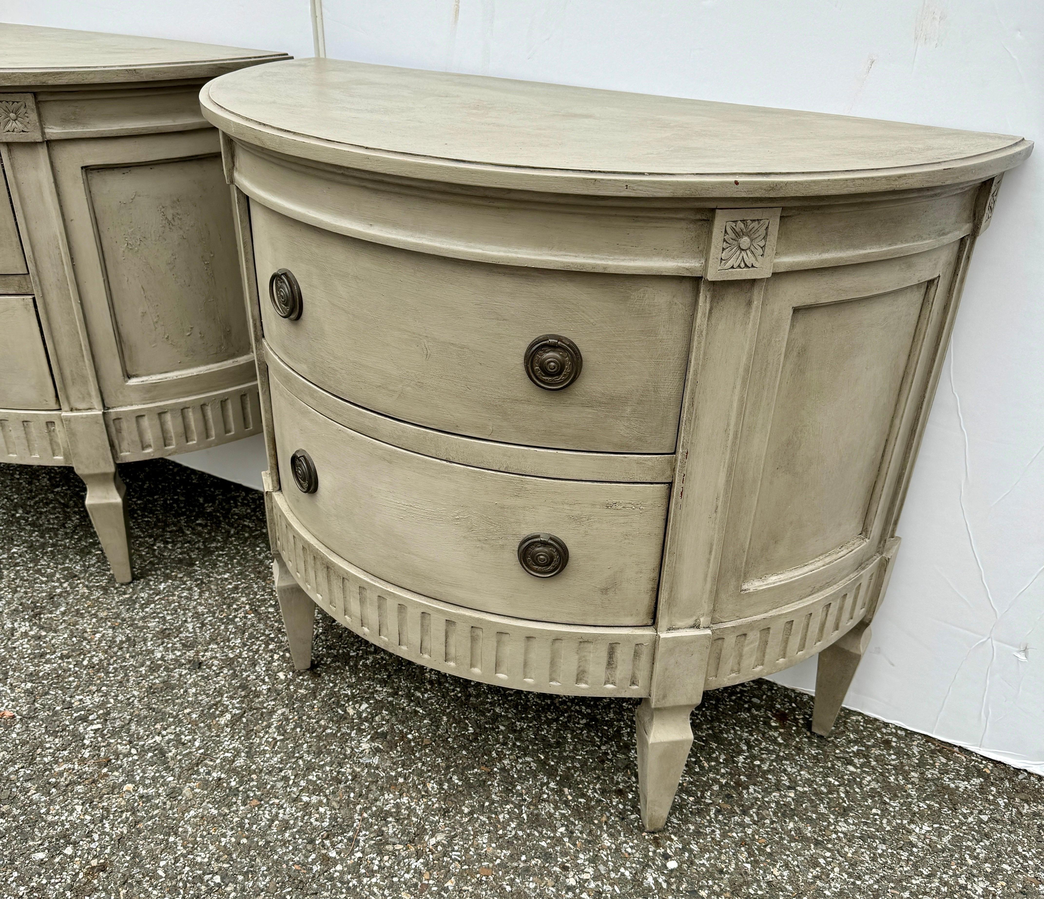 Brass Pair of Demi-Lune Swedish Gustavian Style Chest of Drawers