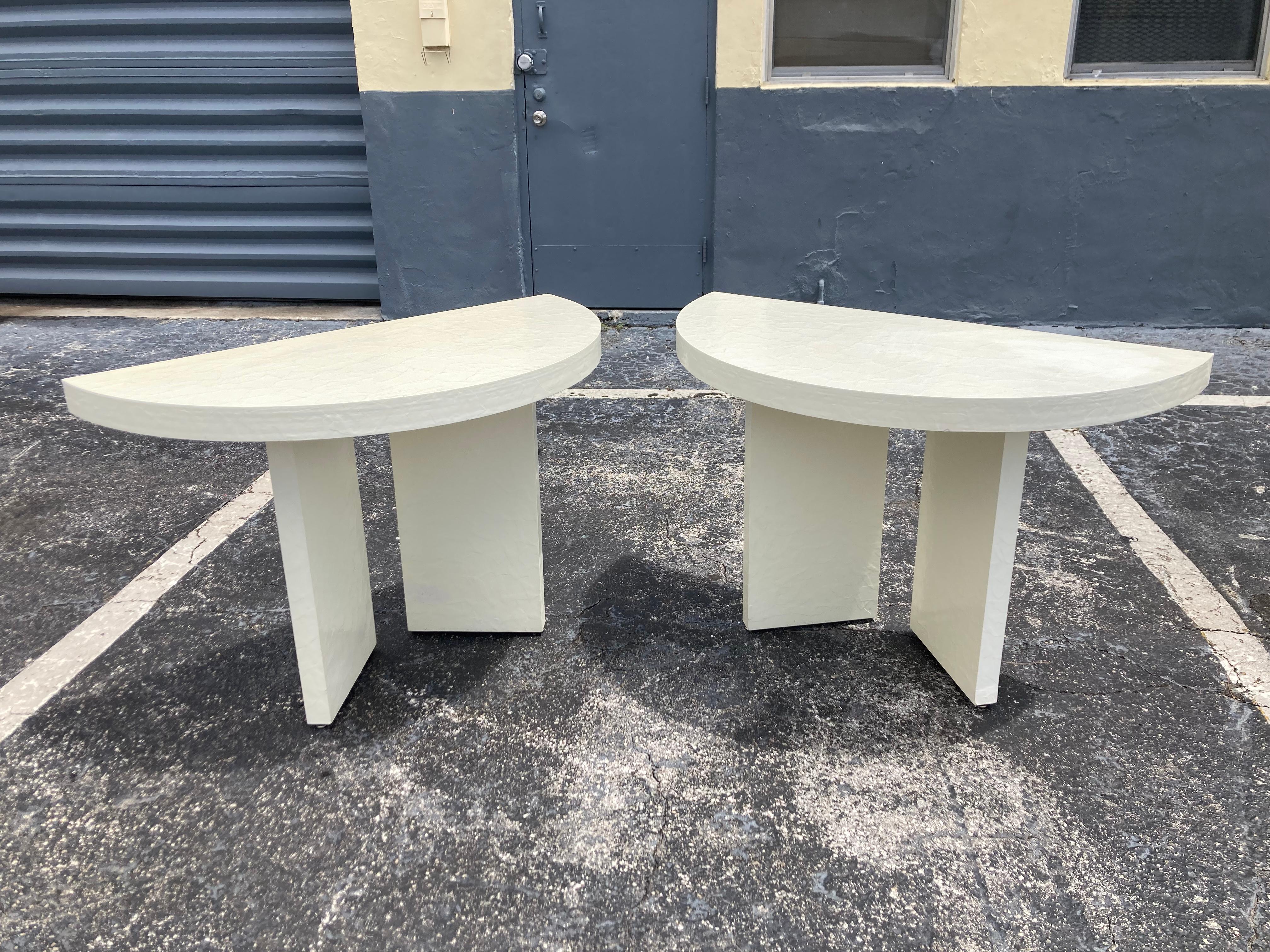 Pair of Demi-Lune Tables, paper patch work design with paint finish. Seller will have tables refinished.