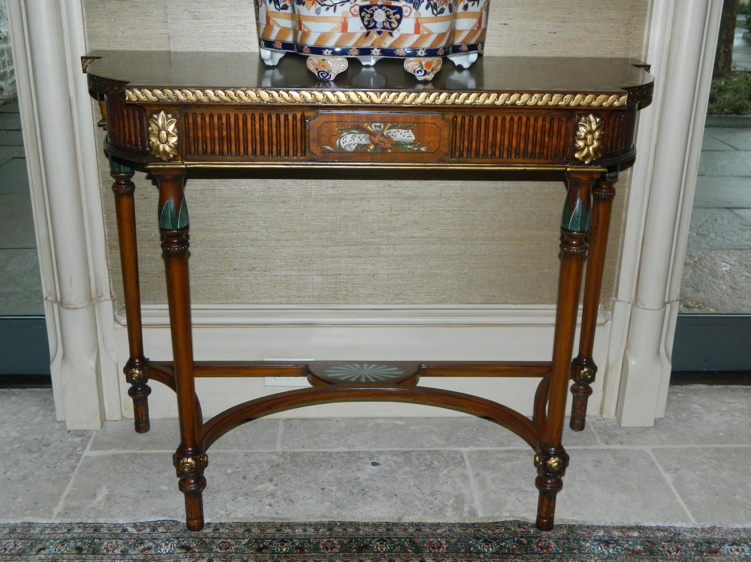 20th century pair of demilune tables with hand painted flowers and stretchers.
  