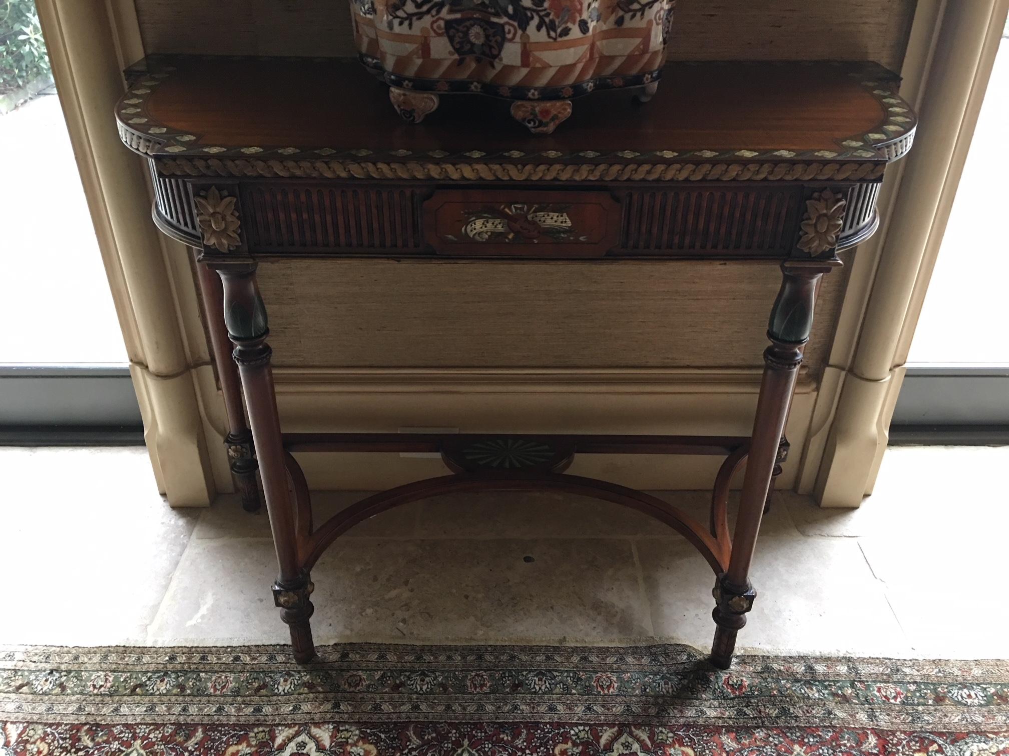 American Pair of Demilune Tables with Hand Painted Flowers, 20th Century