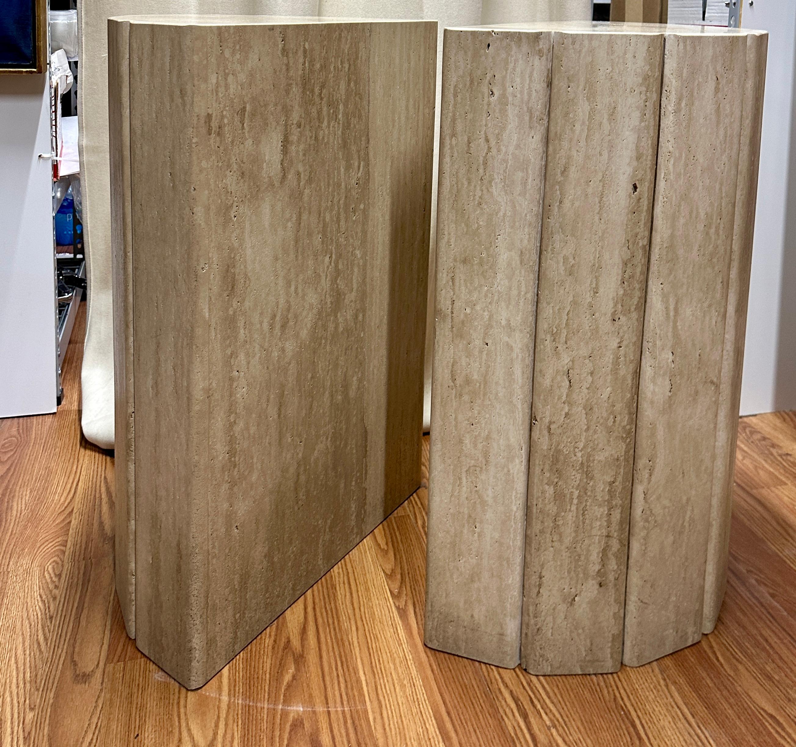 Hand-Crafted Pair of Demi Lune Travertine Consoles  For Sale