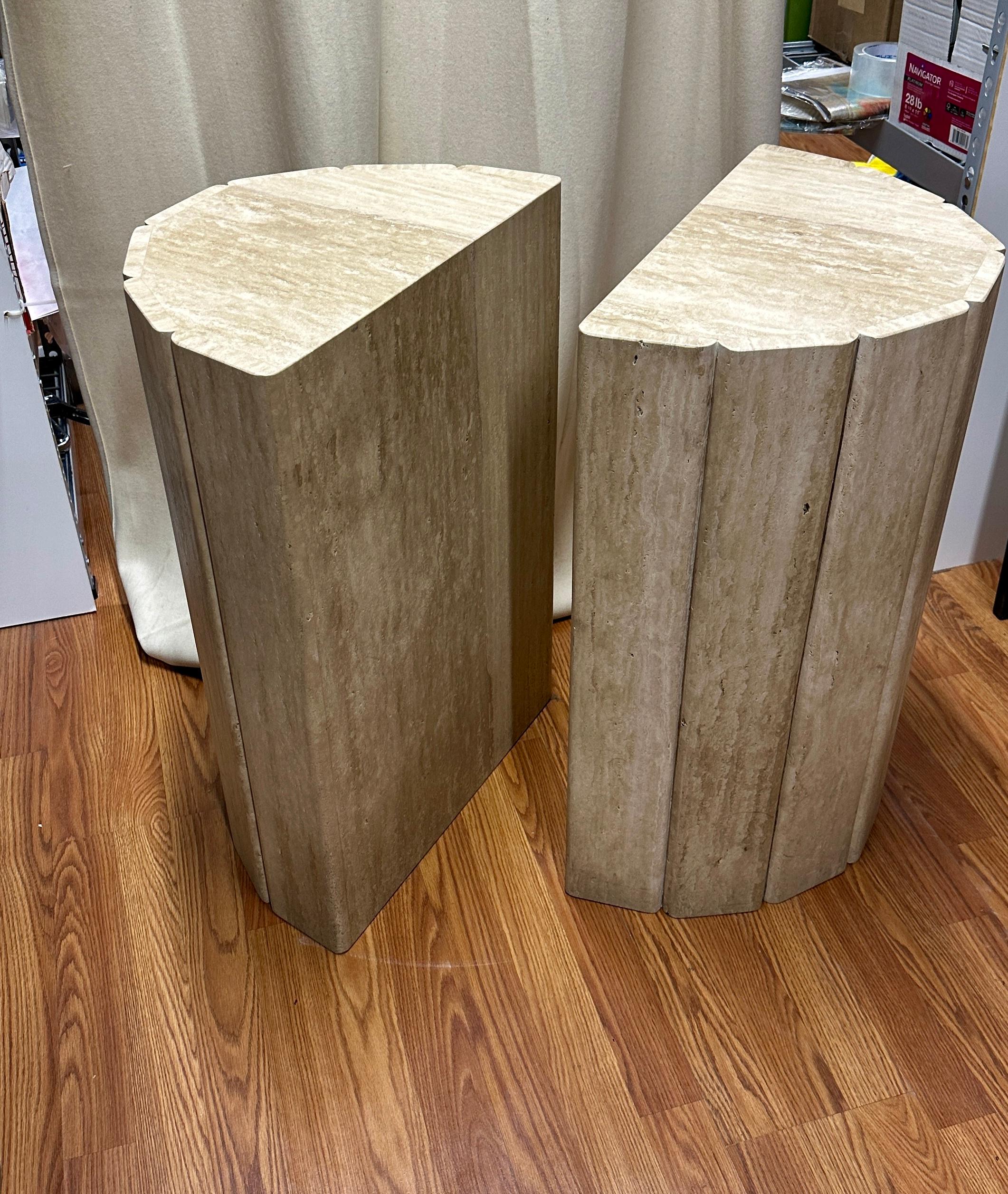 Pair of Demi Lune Travertine Consoles  In Good Condition For Sale In Palm Springs, CA