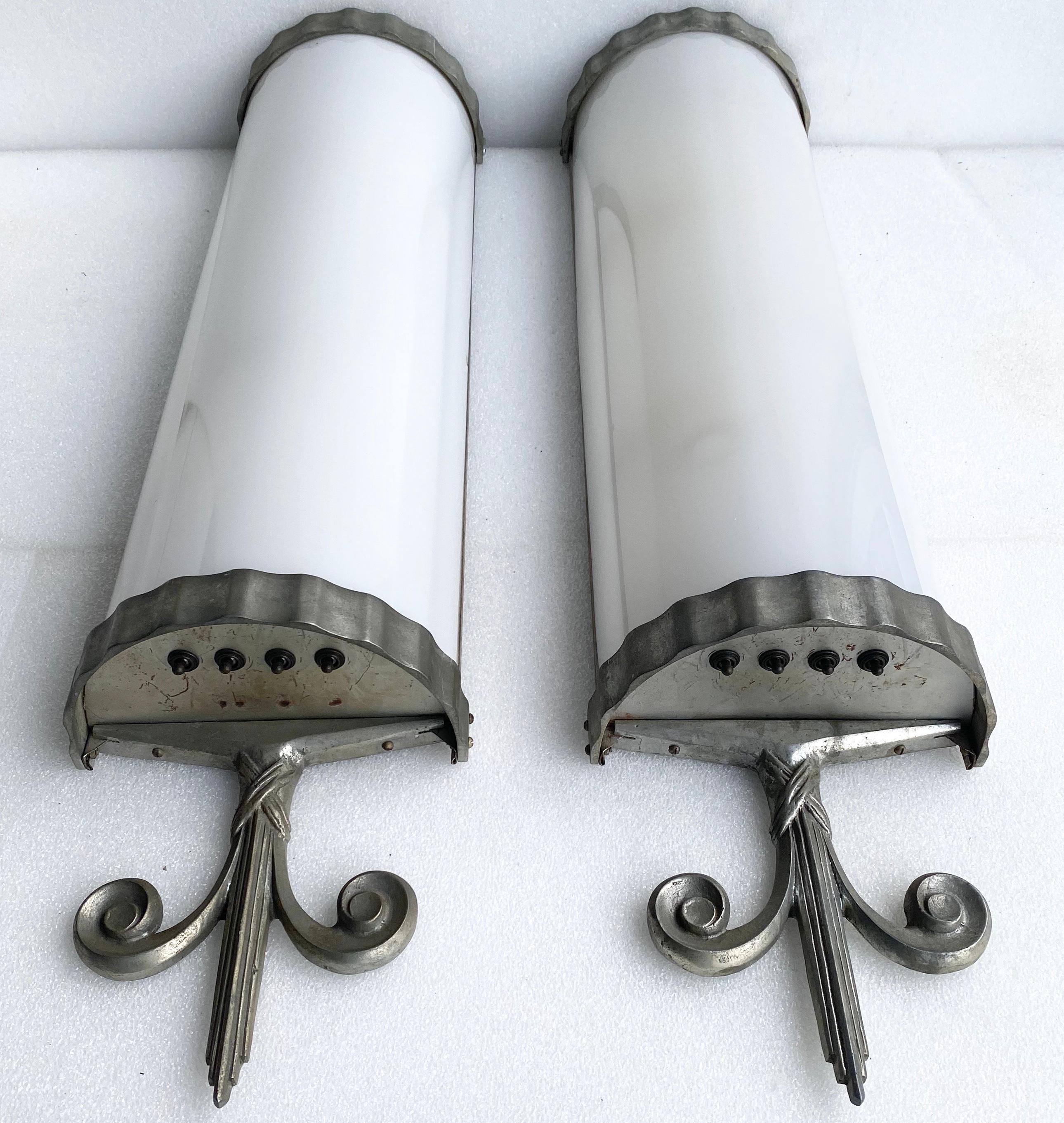 Metal Pair of Demilune White Opaline Glass Art Deco Wall Sconces For Sale