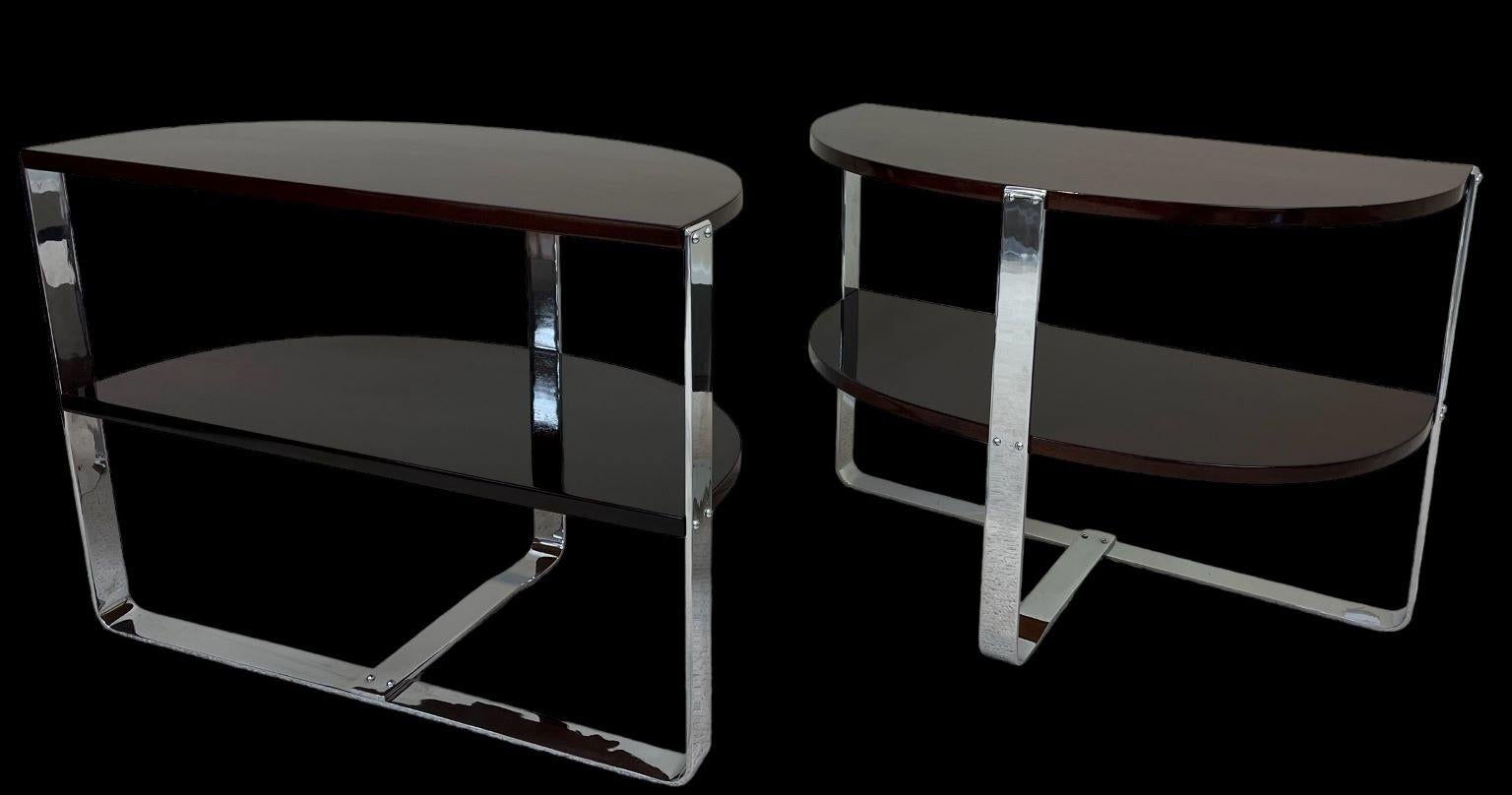 Pair of Demilune Chrome and Art Deco Side Tables in the Style of Donald Deskey  For Sale 1