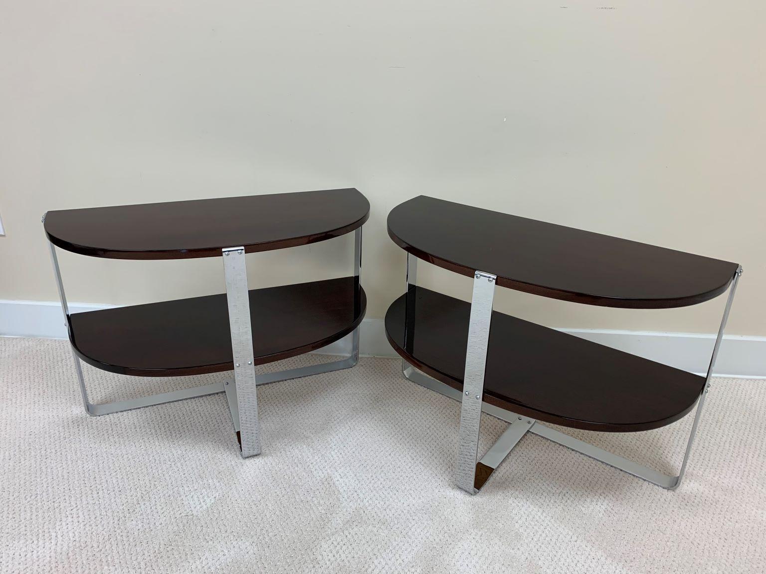 American Pair of Demilune Chrome and Art Deco Side Tables in the Style of Donald Deskey  For Sale