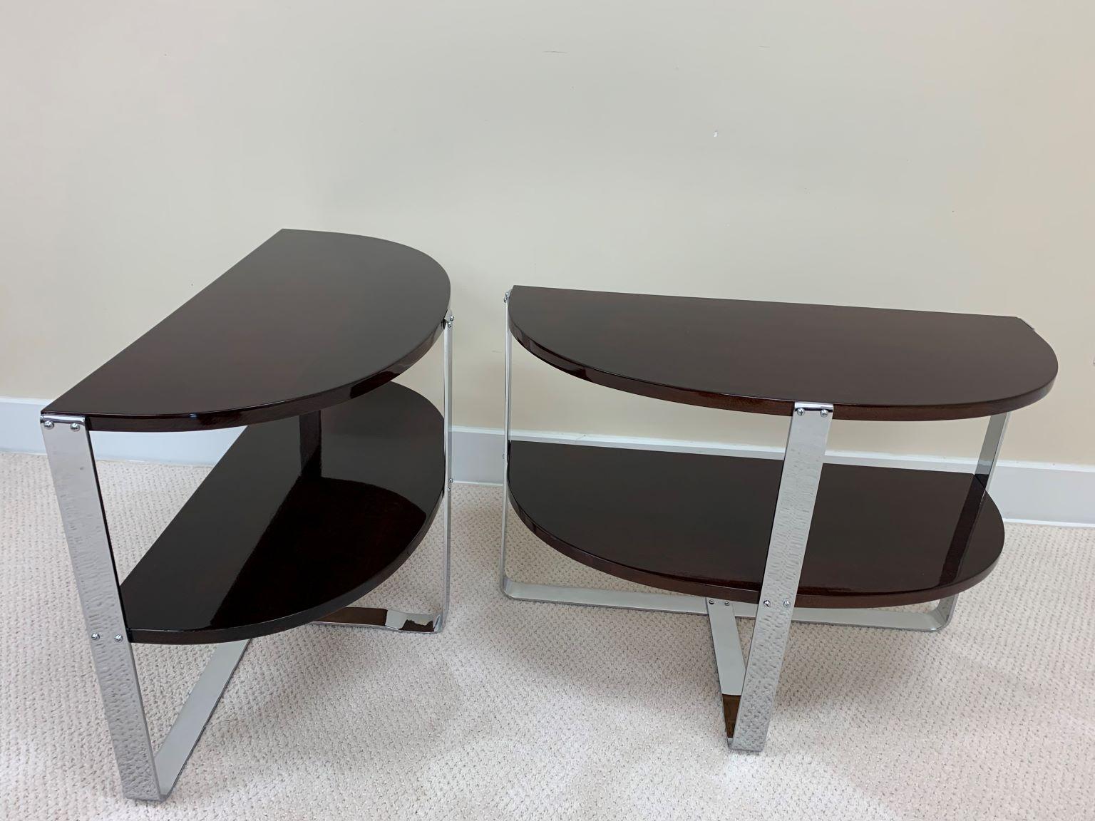 Polished Pair of Demilune Chrome and Art Deco Side Tables in the Style of Donald Deskey  For Sale