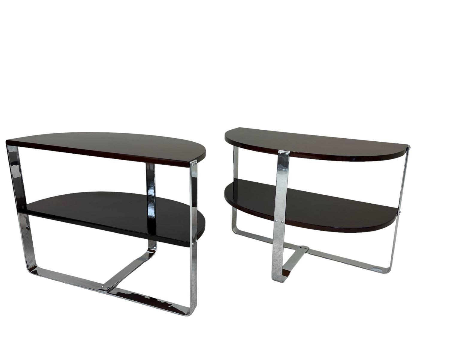 American Pair of Demilune Chrome and Art Deco Side Tables in the Style of Donald Deskey  For Sale