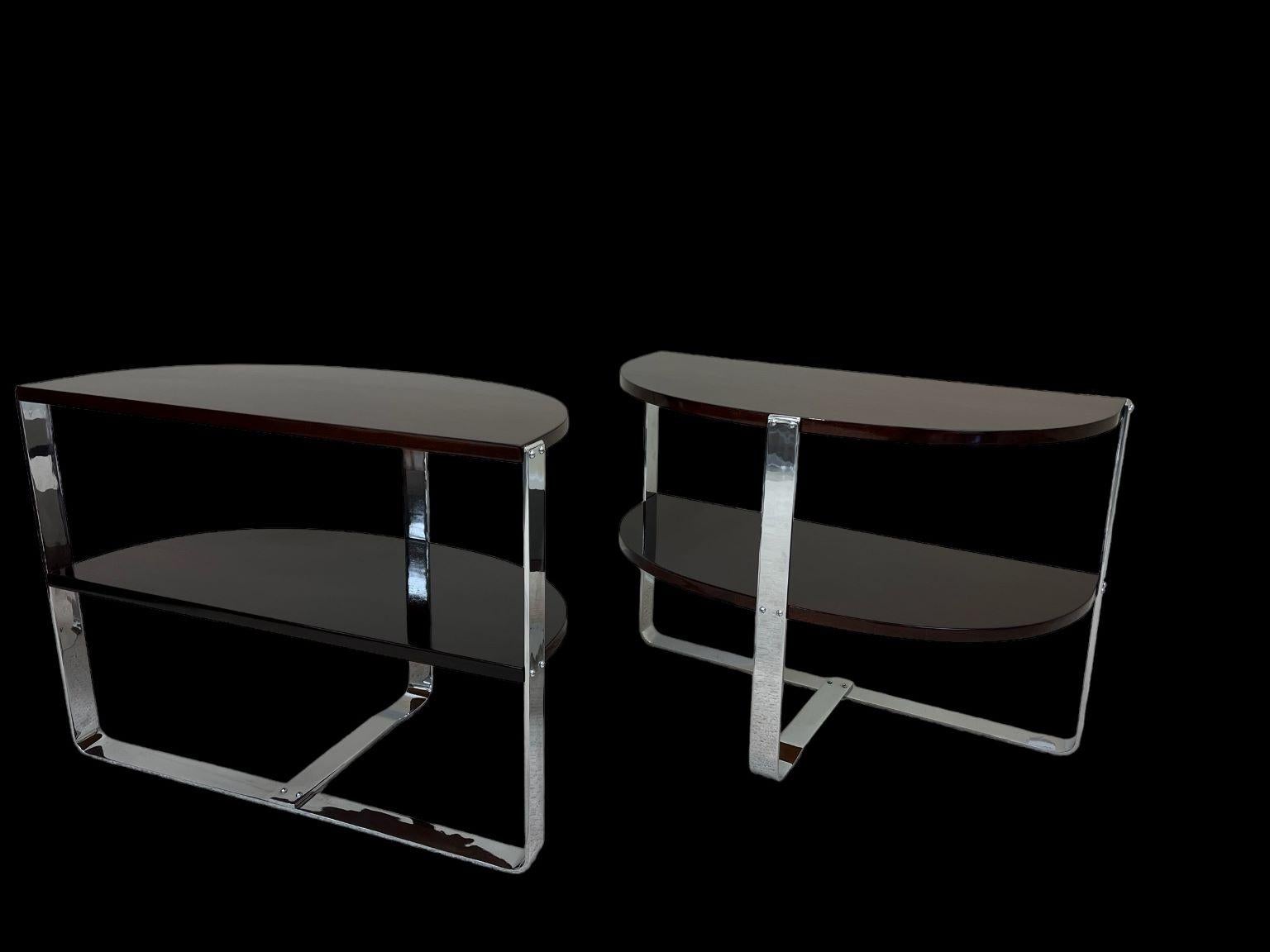 Polished Pair of Demilune Chrome and Art Deco Side Tables in the Style of Donald Deskey  For Sale