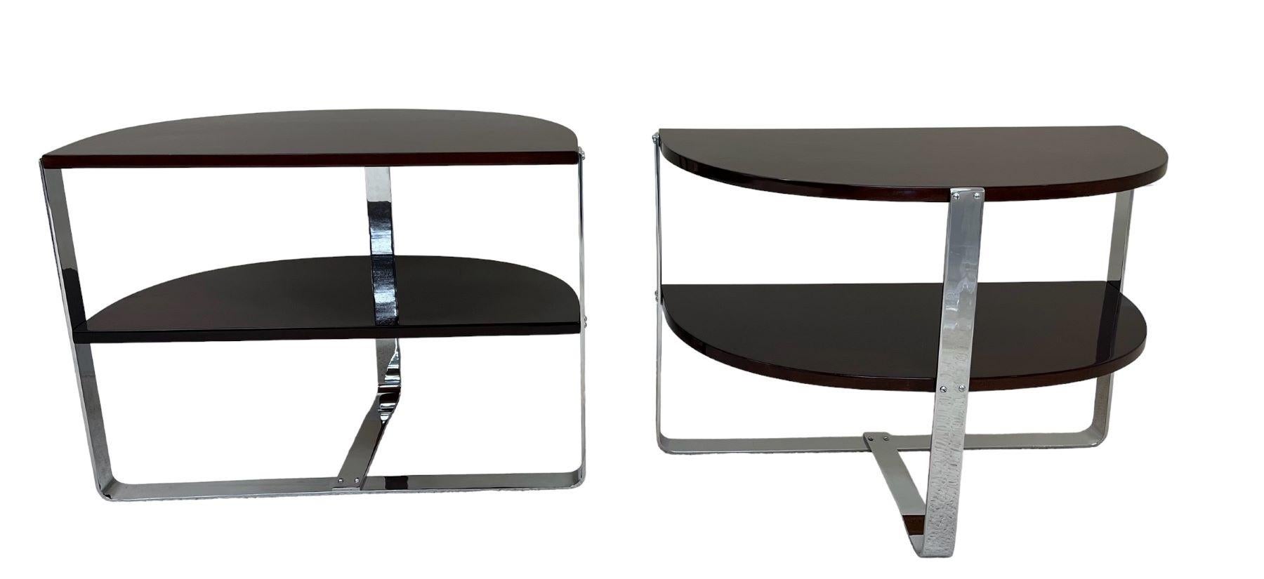 Walnut Pair of Demilune Chrome and Art Deco Side Tables in the Style of Donald Deskey  For Sale