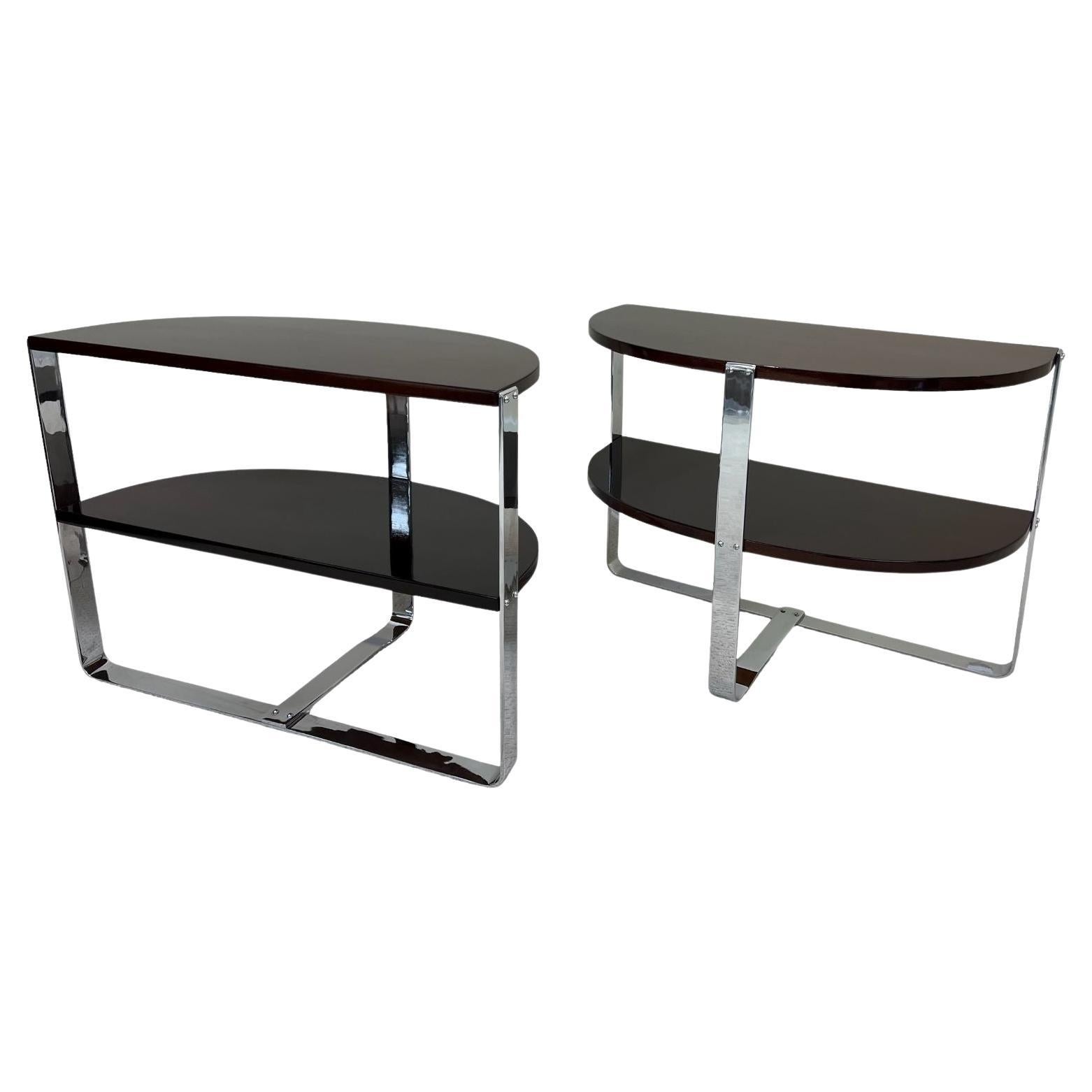 Pair of Demilune Chrome and Art Deco Side Tables in the Style of Donald Deskey